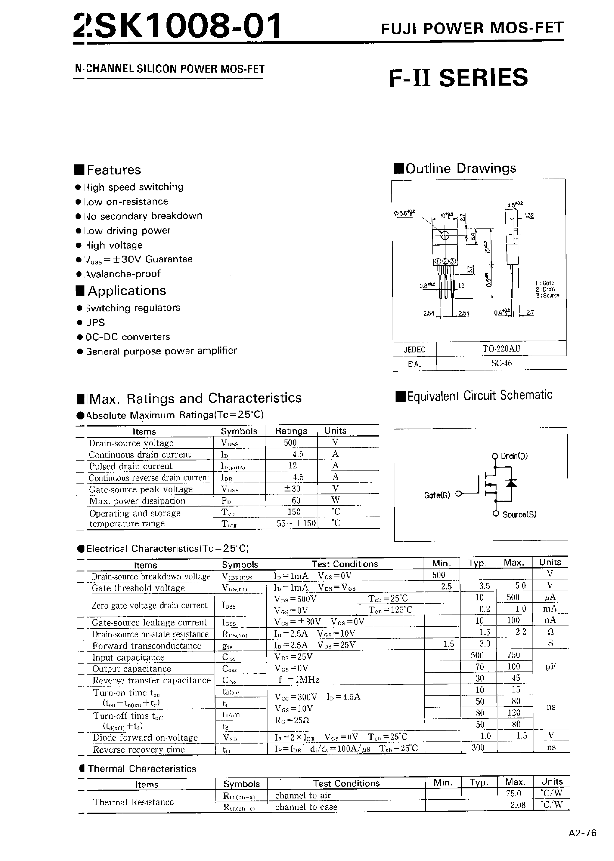 Даташит 2SK1008-01 - N-CHANNEL SILICON POWER MOSFET страница 1