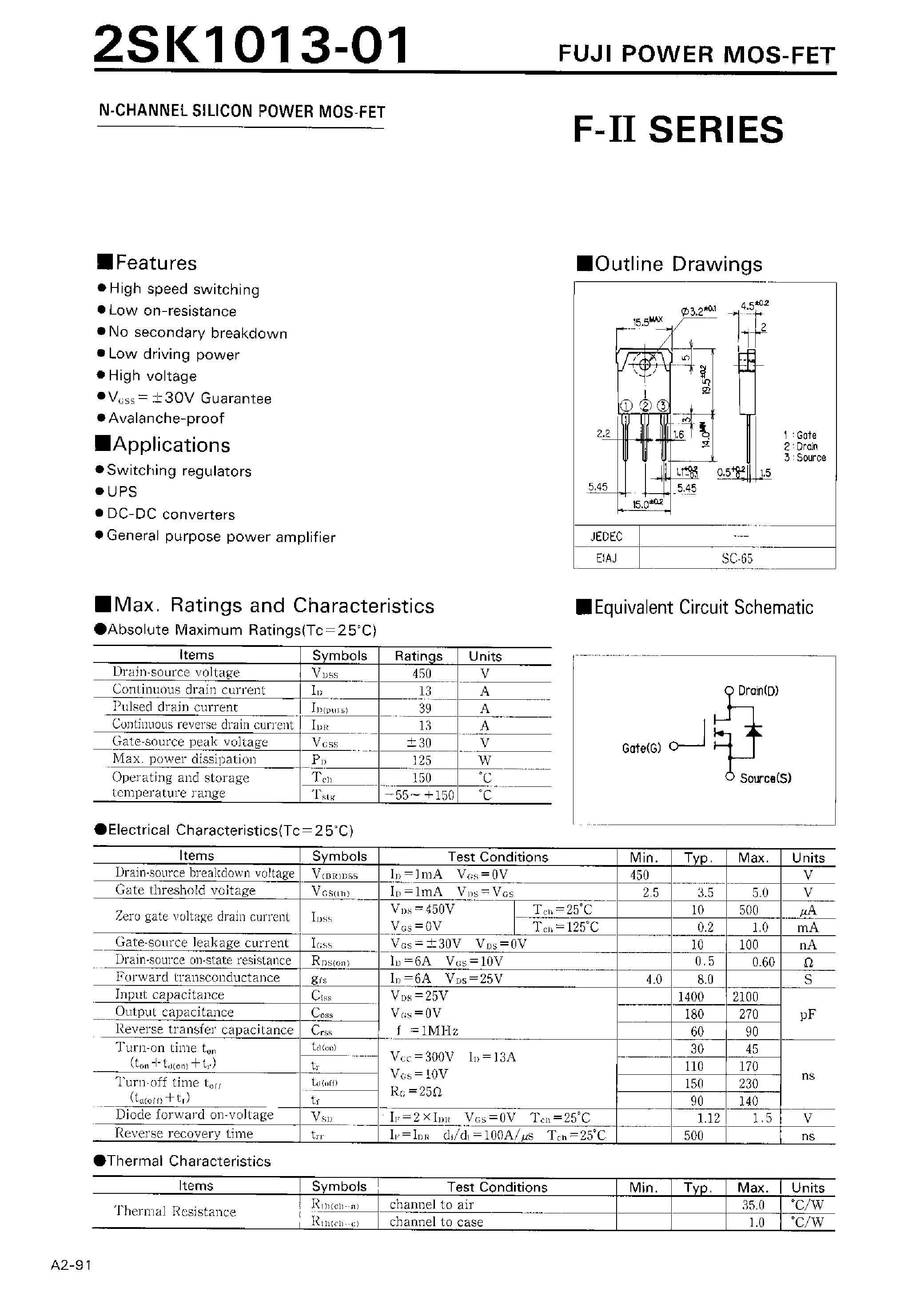 Datasheet 2SK1013-01 page 1 Datasheet 2SK1013-01 - N-CHANNEL SILICON POWER MOSFET page 1