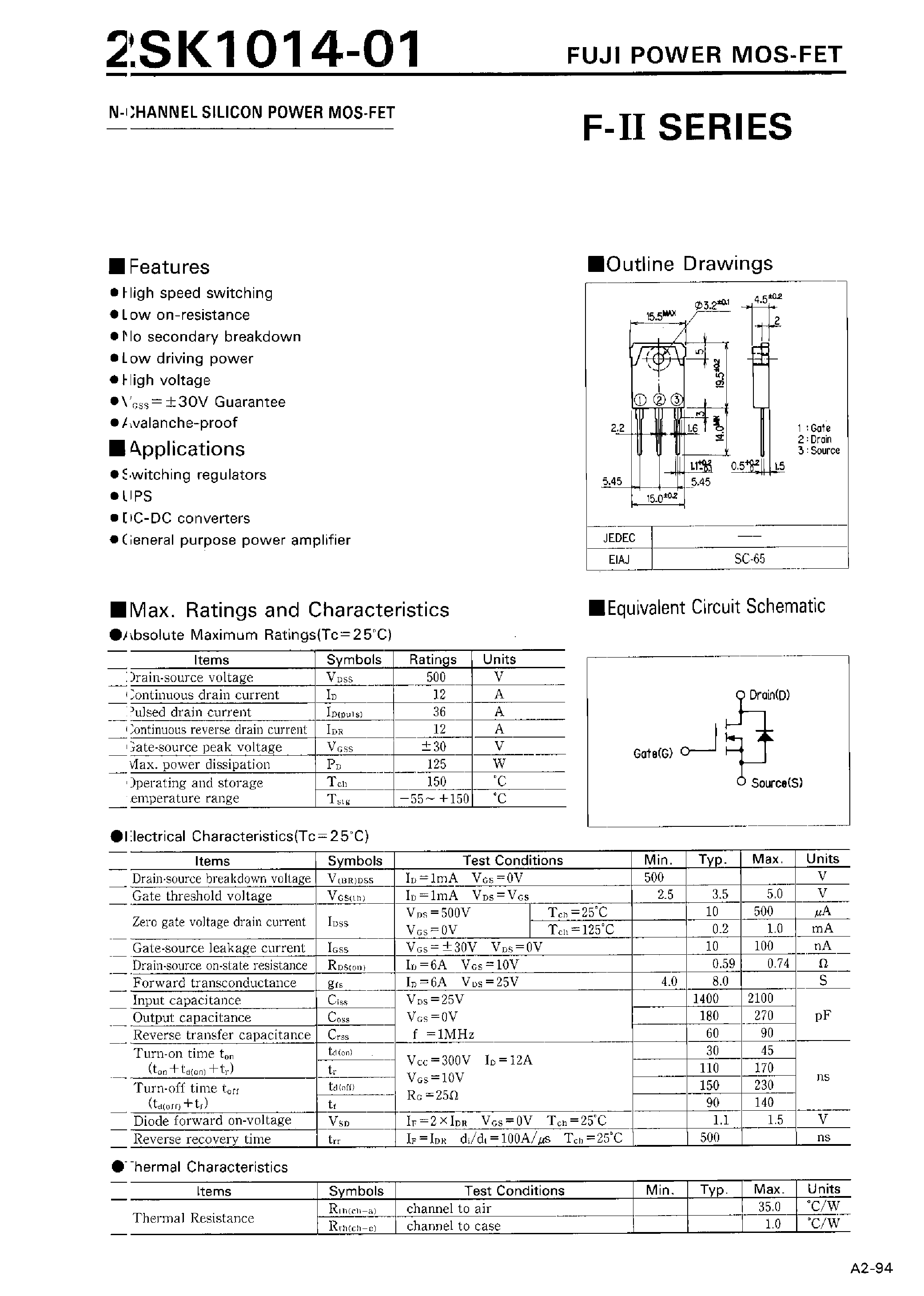 Даташит 2SK1014-01 - N-CHANNEL SILICON POWER MOSFET страница 1