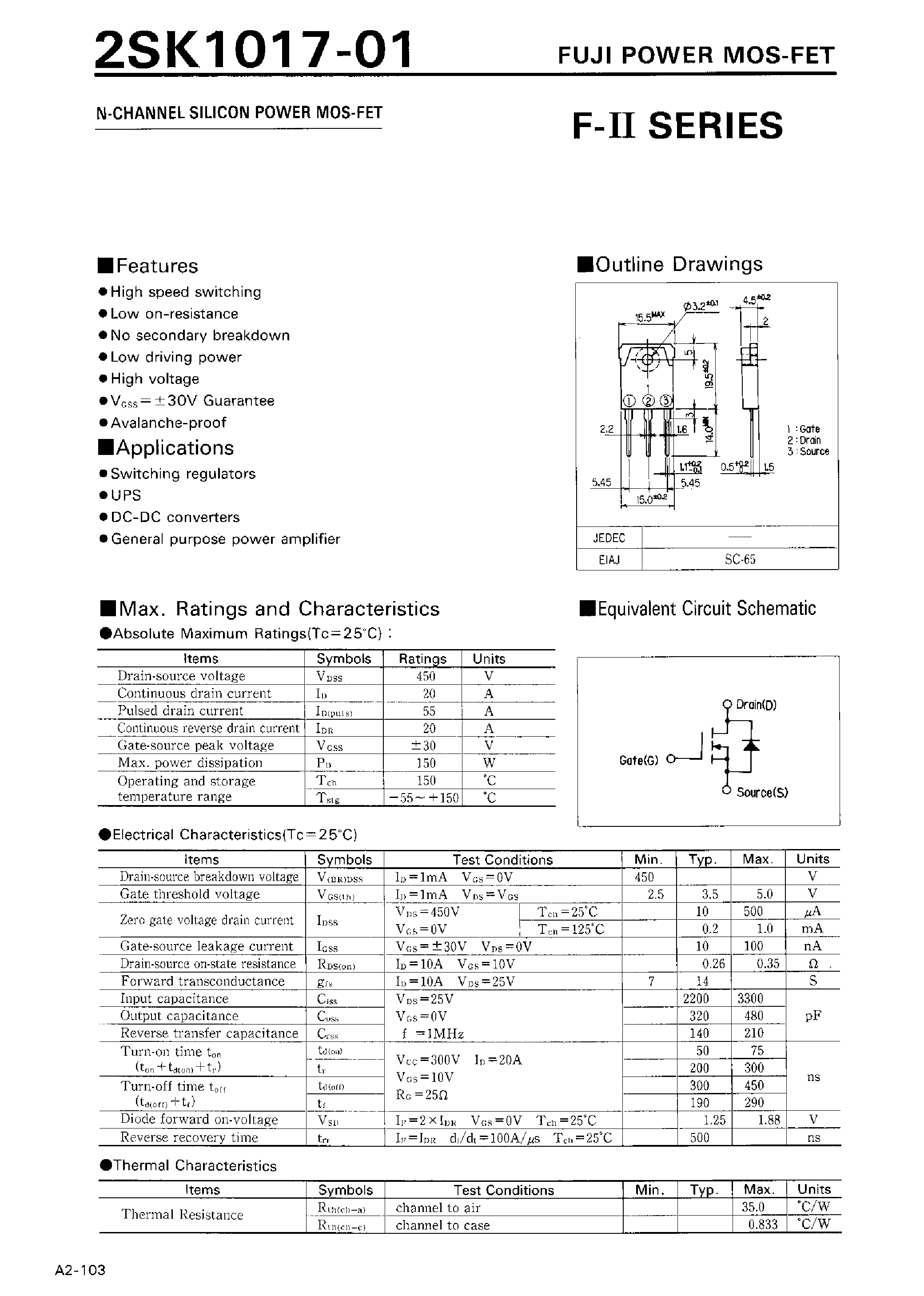 Даташит 2SK1017-01 - N-CHANNEL SILICON POWER MOSFET страница 1