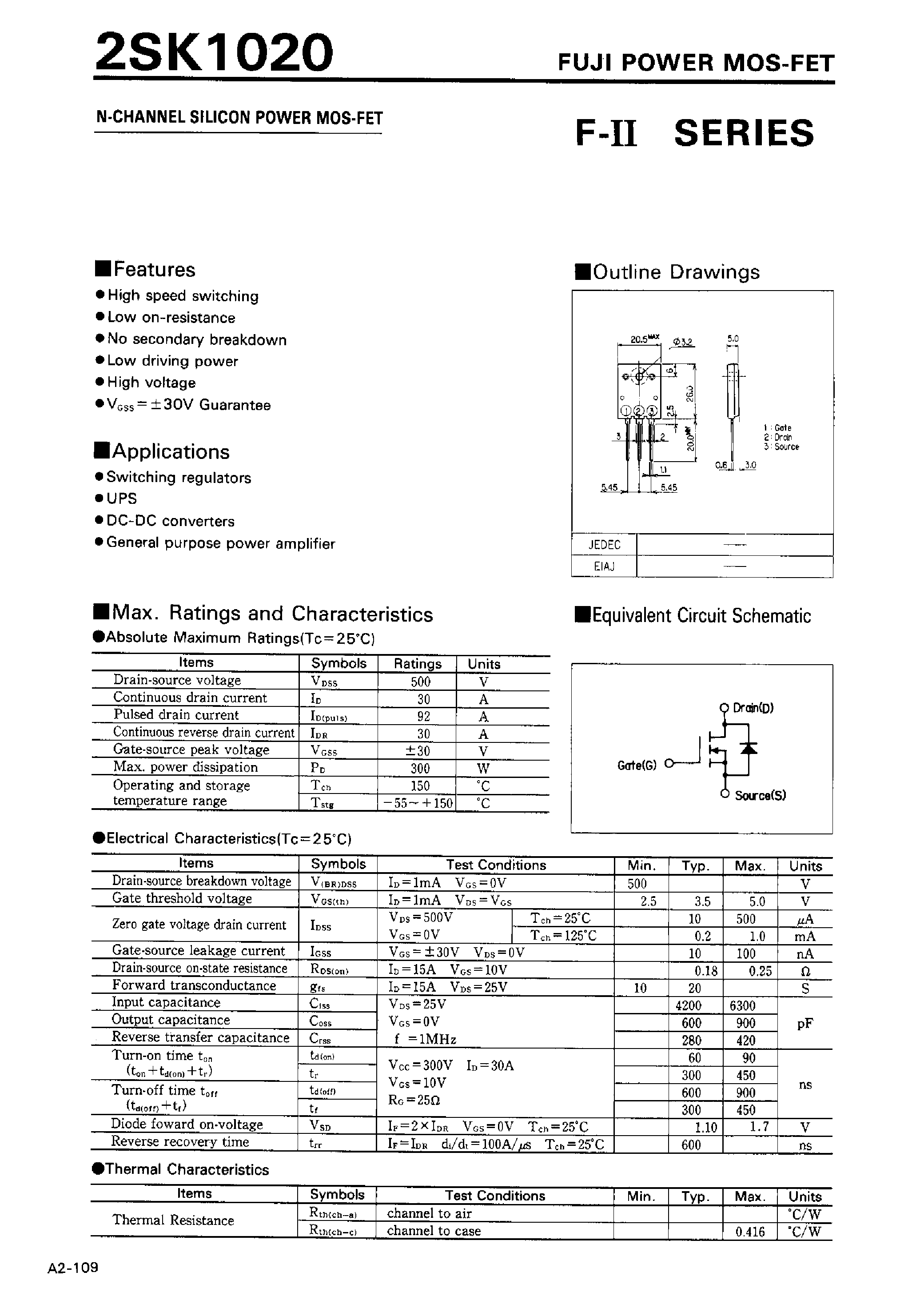 Даташит 2SK1020 - N-CHANNEL SILICON POWER MOSFET страница 1