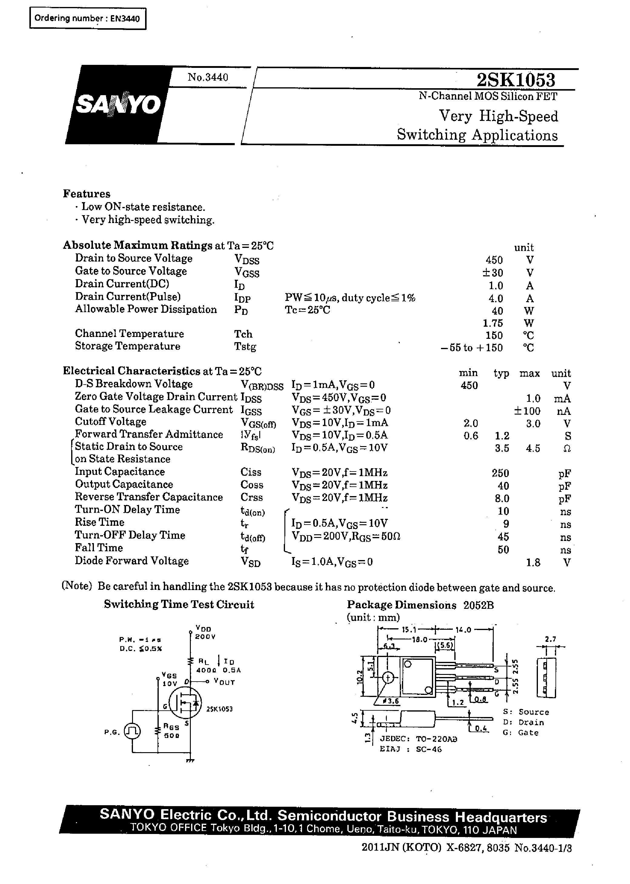 Datasheet 2SK1053 - Very High-Speed Switching Applications page 1