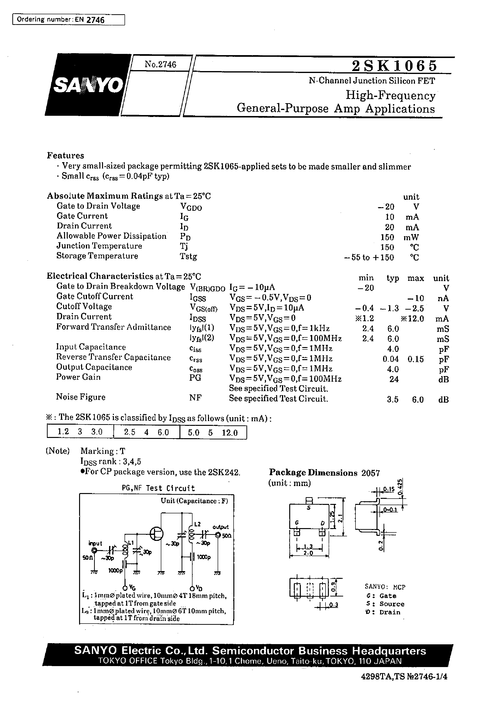 Datasheet 2SK1065 page 1 Datasheet 2SK1065 - High-Frequency General-Purpose Amp Applications page 1
