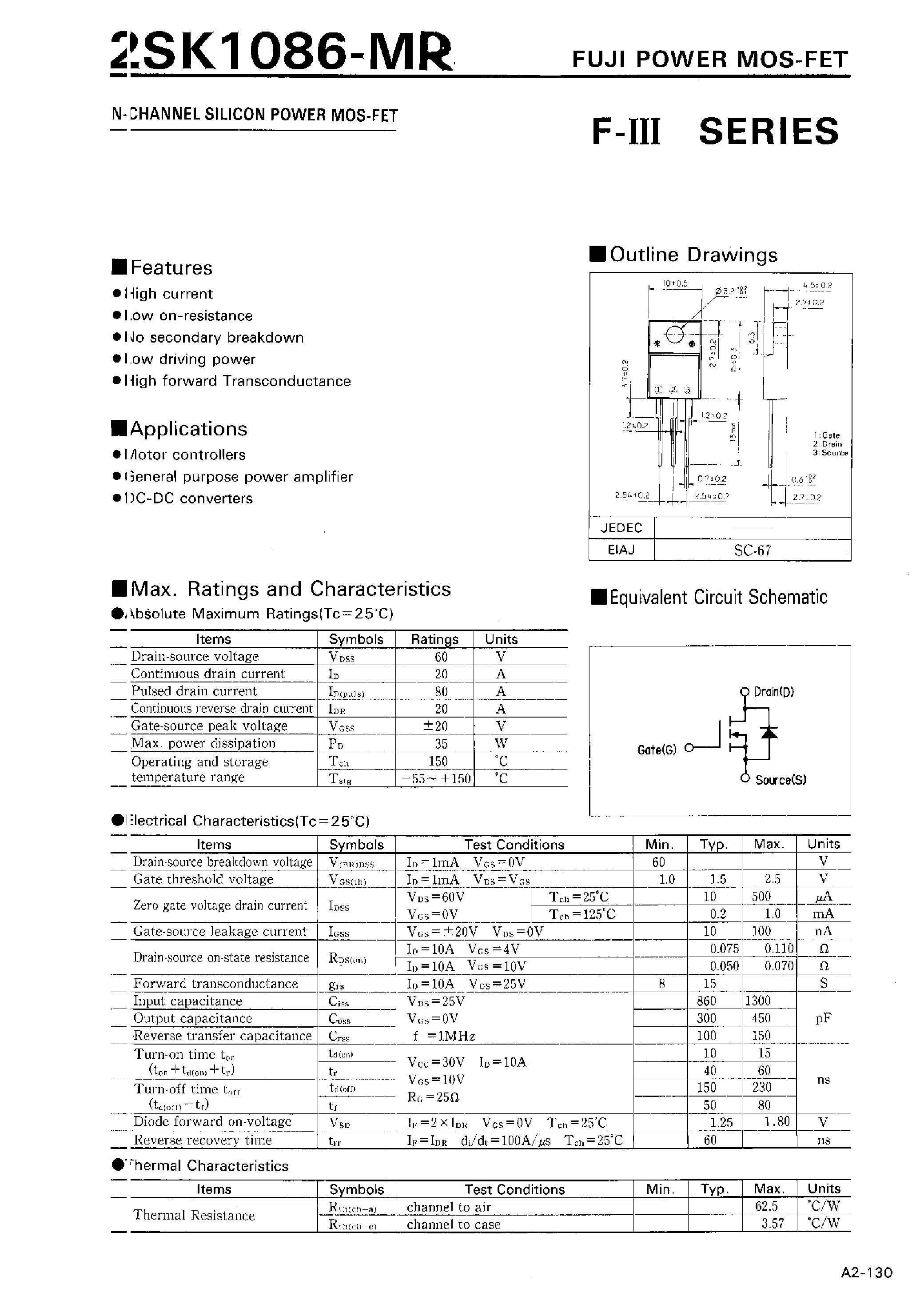 Datasheet 2SK1086 page 1 Datasheet 2SK1086 - N-CHANNEL SILICON POWER MOSFET page 1