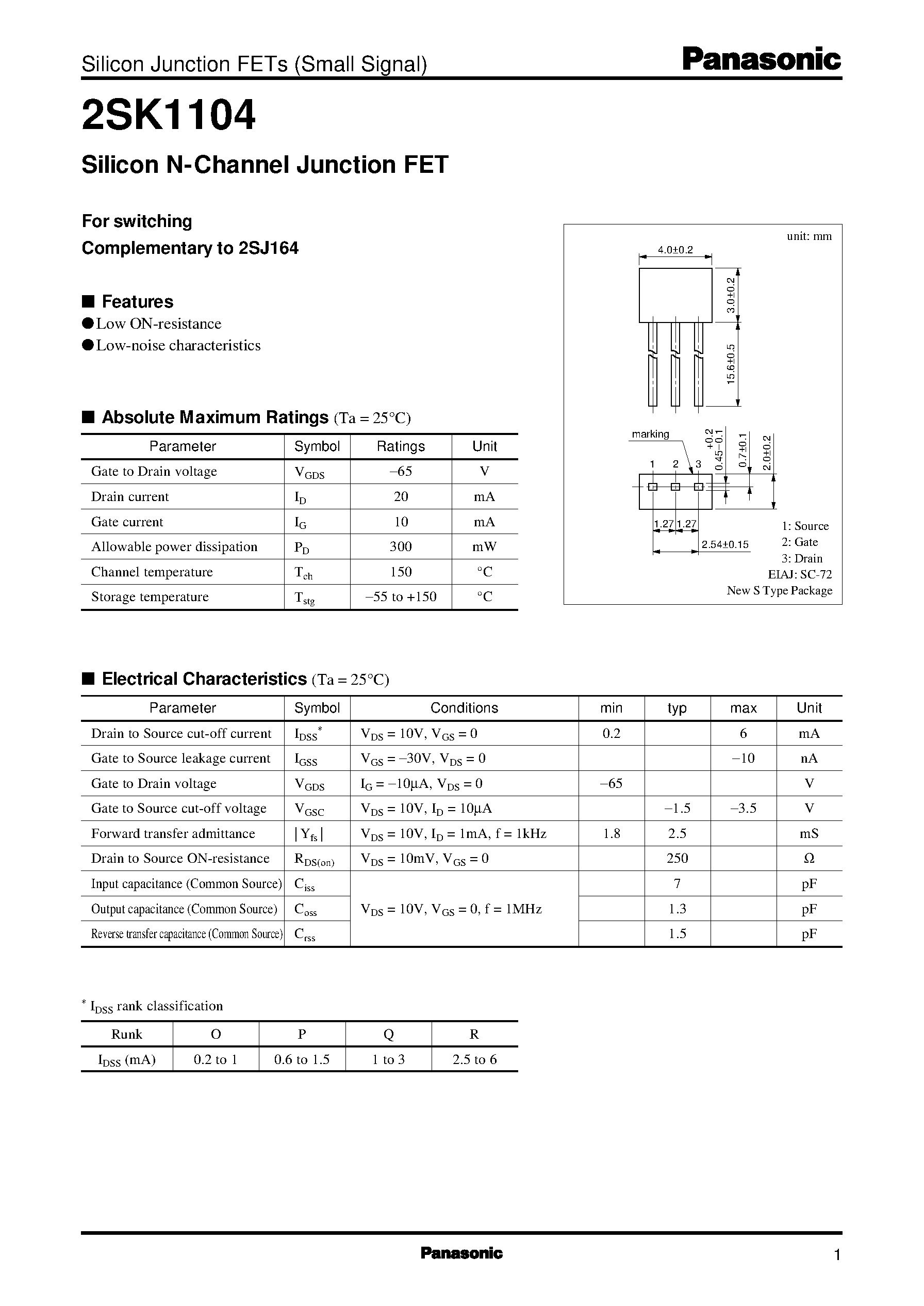 Datasheet 2SK1104 page 1 Datasheet 2SK1104 - Silicon N-Channel Junction FET page 1