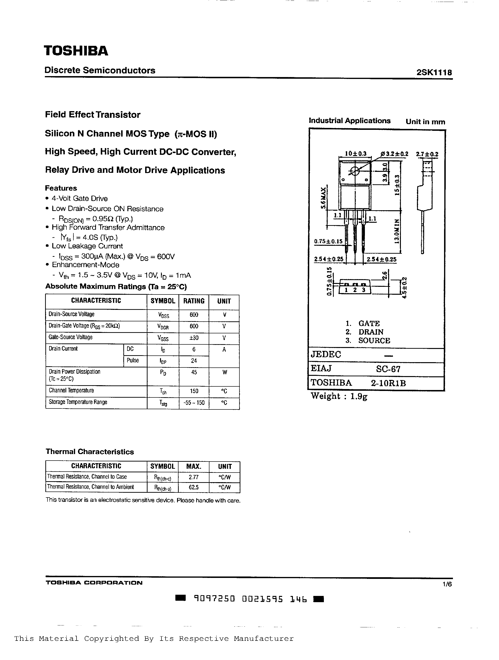 Datasheet 2SK1118 page 1 Datasheet 2SK1118 - N Channel MOS Type(for High Speed/ High Current DC-DC Converter/ Relay Drive and Motor Diver) page 1