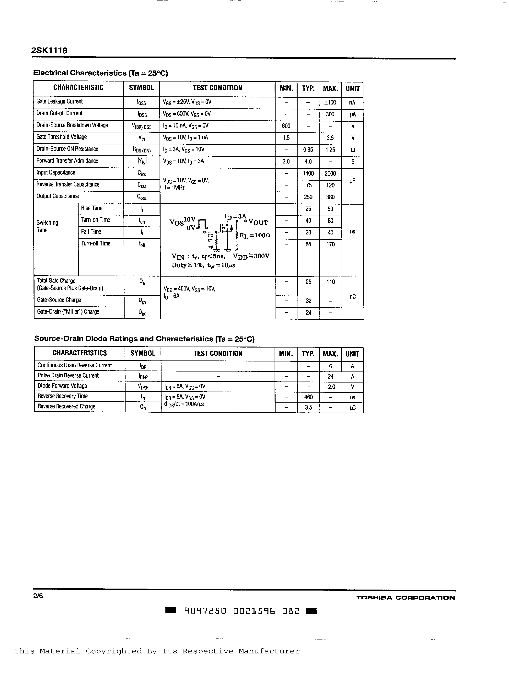 Datasheet 2SK1118 page 2 Datasheet 2SK1118 - N Channel MOS Type(for High Speed/ High Current DC-DC Converter/ Relay Drive and Motor Diver) page 2