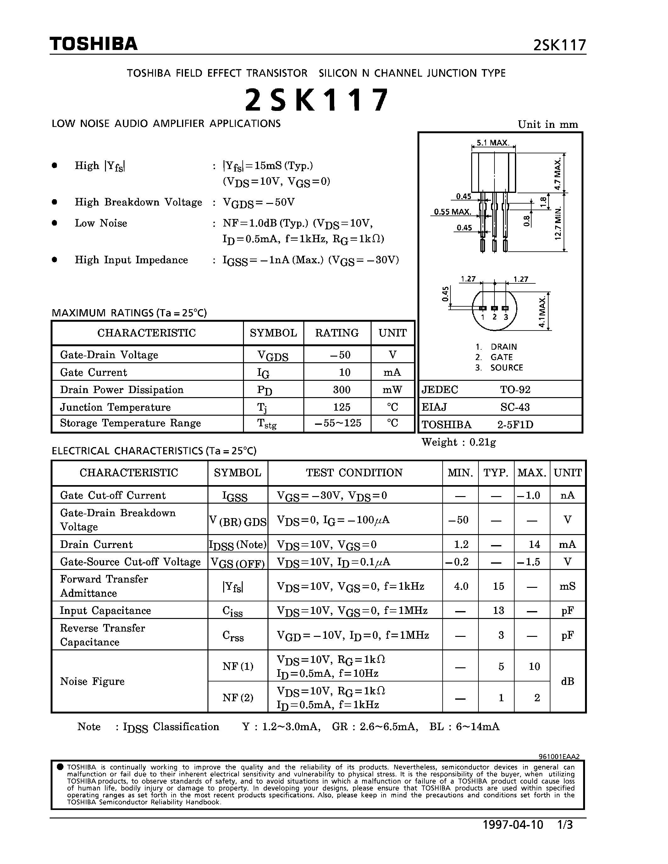 Даташит 2SK117 - N CHANNEL JUNCTIONS TYPE (LOW NOISE AUDIO AMPLIFIER APPLICATIONS) страница 1
