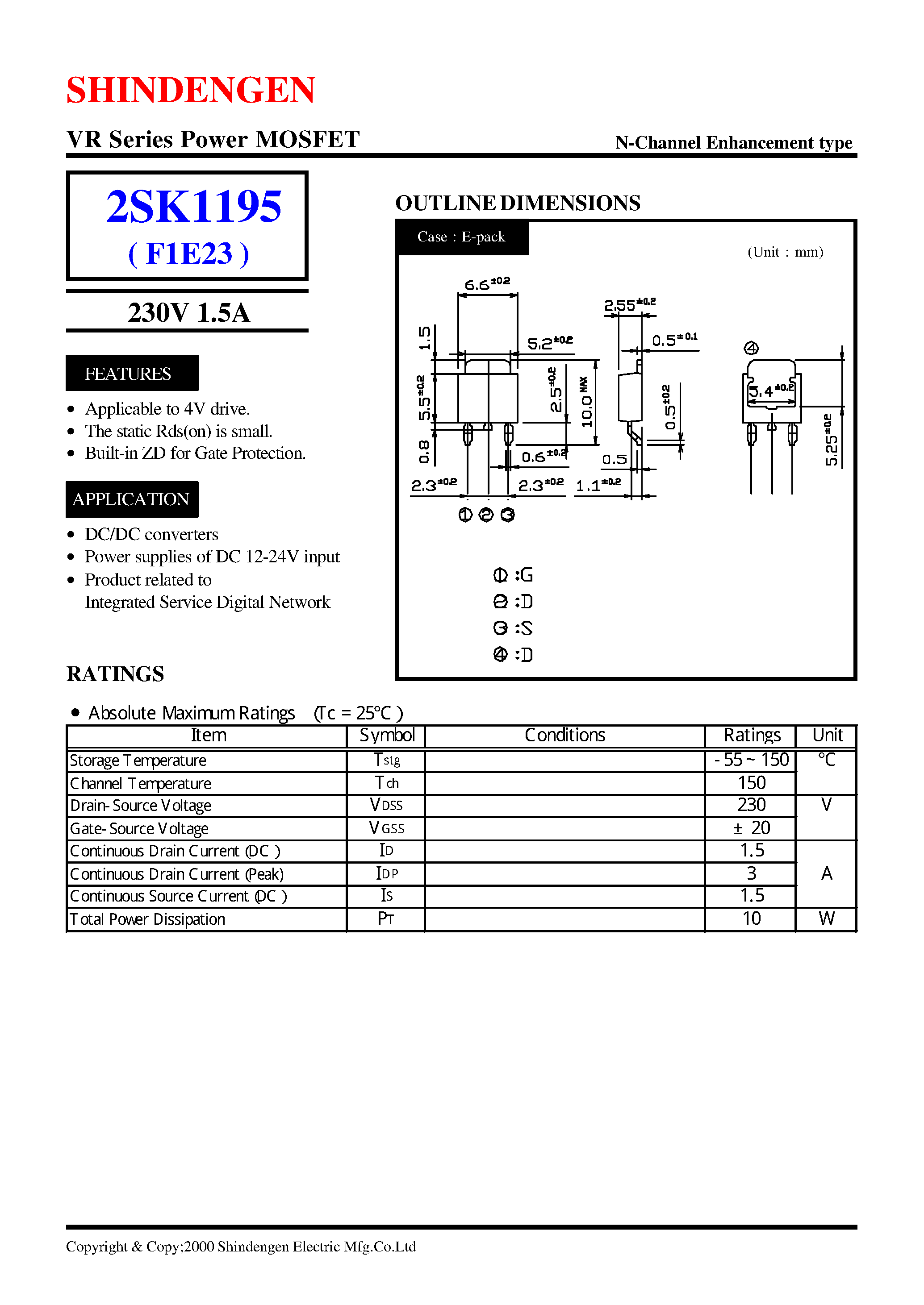 Даташит 2SK1195 - VR Series Power MOSFET(230V 1.5A) страница 1