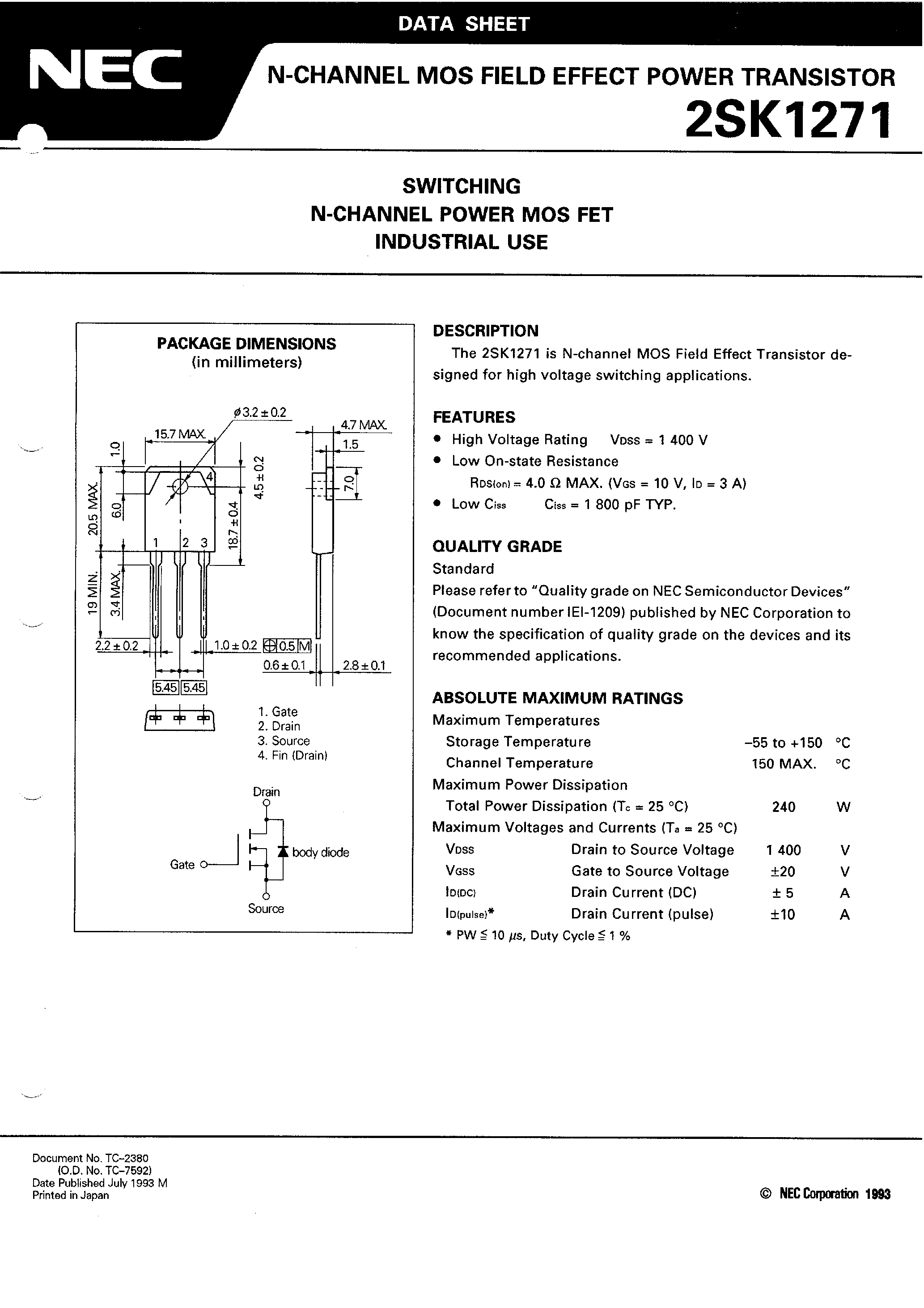 Даташит 2SK1271 - N CHANNEL MOS FIELD EFFECT POWER TRANSISTOR страница 2