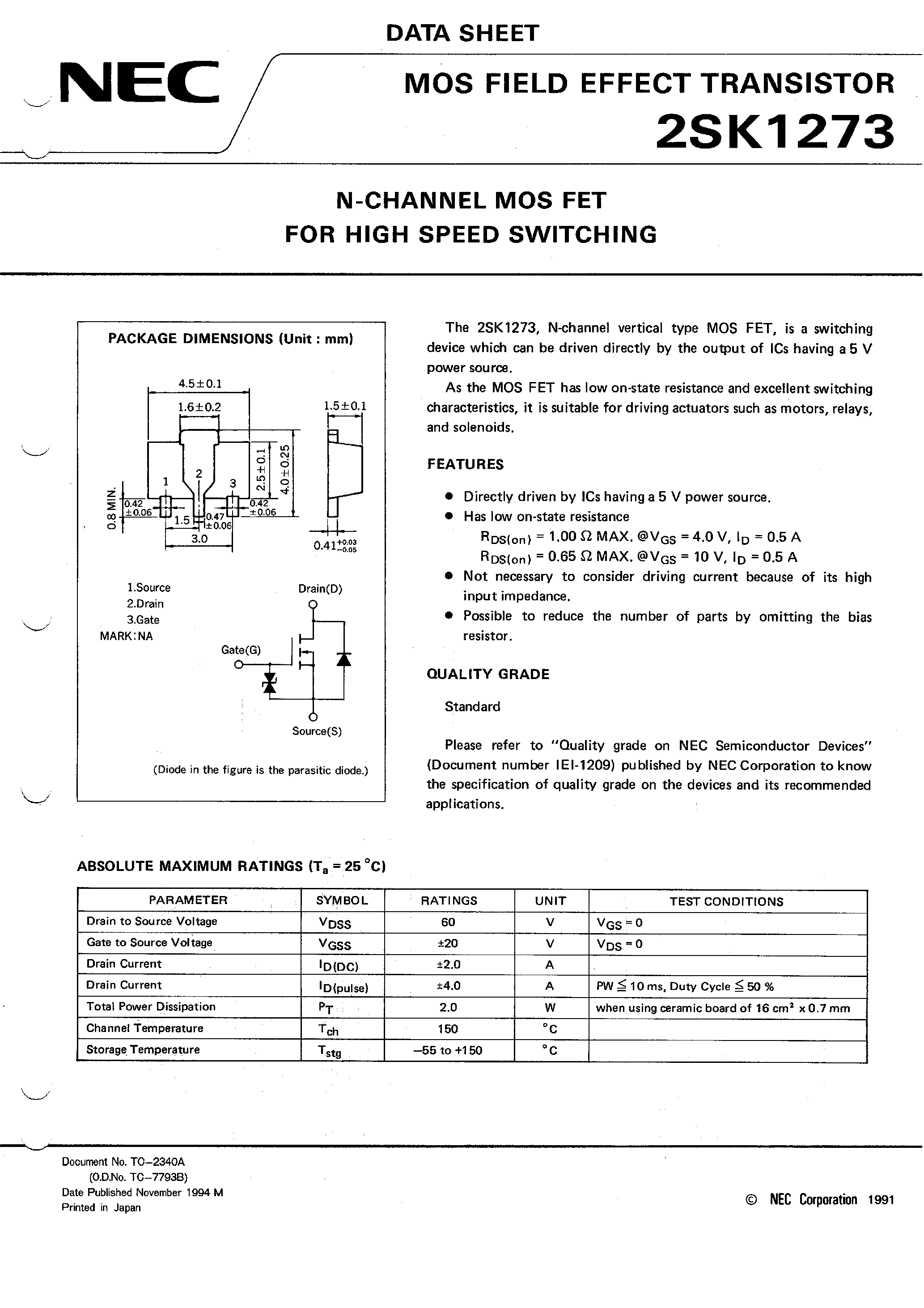 Даташит 2SK1273 - N-CHANNEL MOS FET FOR HIGH SPEED SWITCHING страница 1