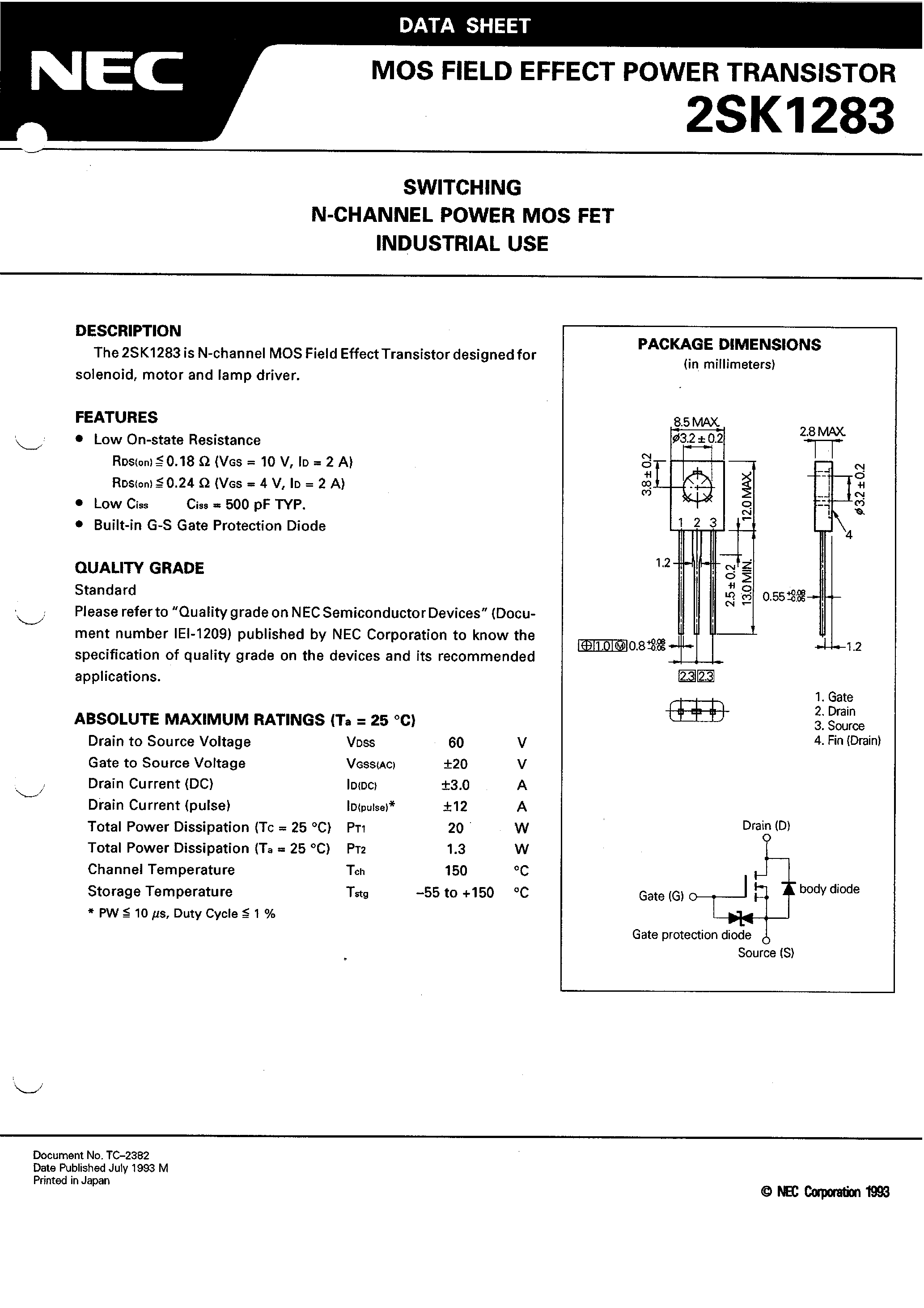 Даташит 2SK1283 - SWITCHING N-CHANNEL POWER MOS FET INDUSTRIAL USE страница 1