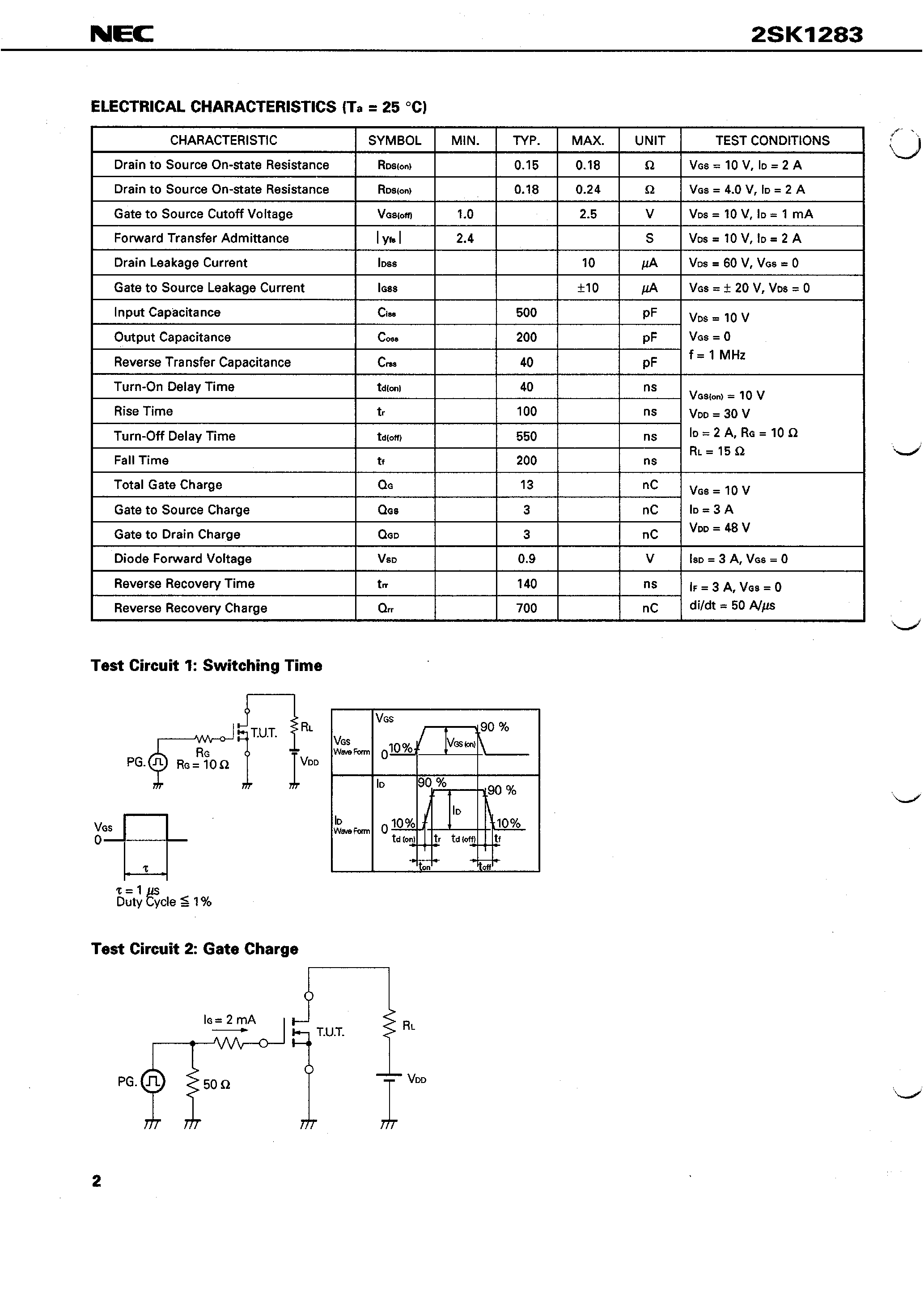 Даташит 2SK1283 - SWITCHING N-CHANNEL POWER MOS FET INDUSTRIAL USE страница 2