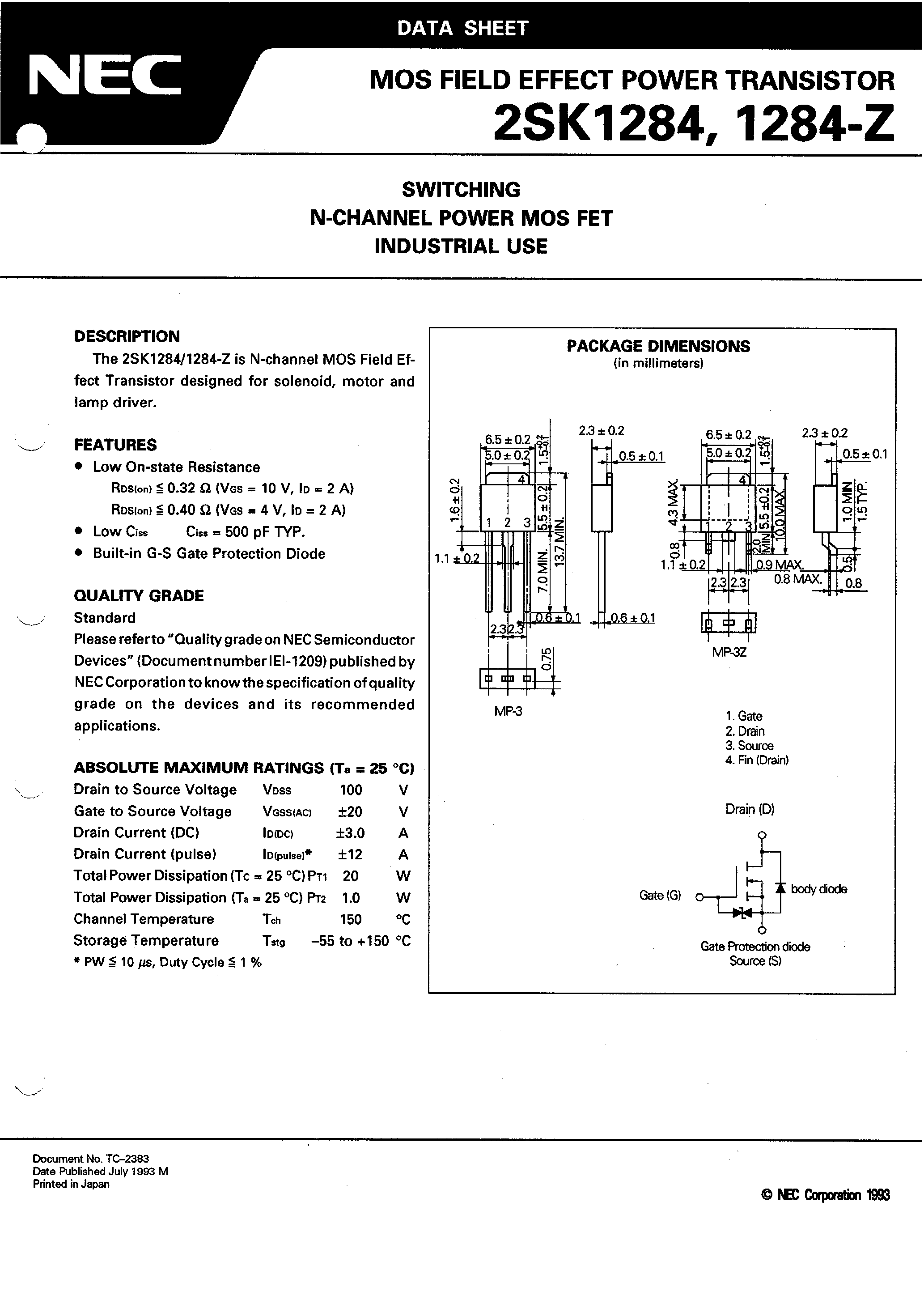 Даташит 2SK1284 - SWITCHING N-CHANNEL POWER MOS FET INDUSTRIAL USE страница 1