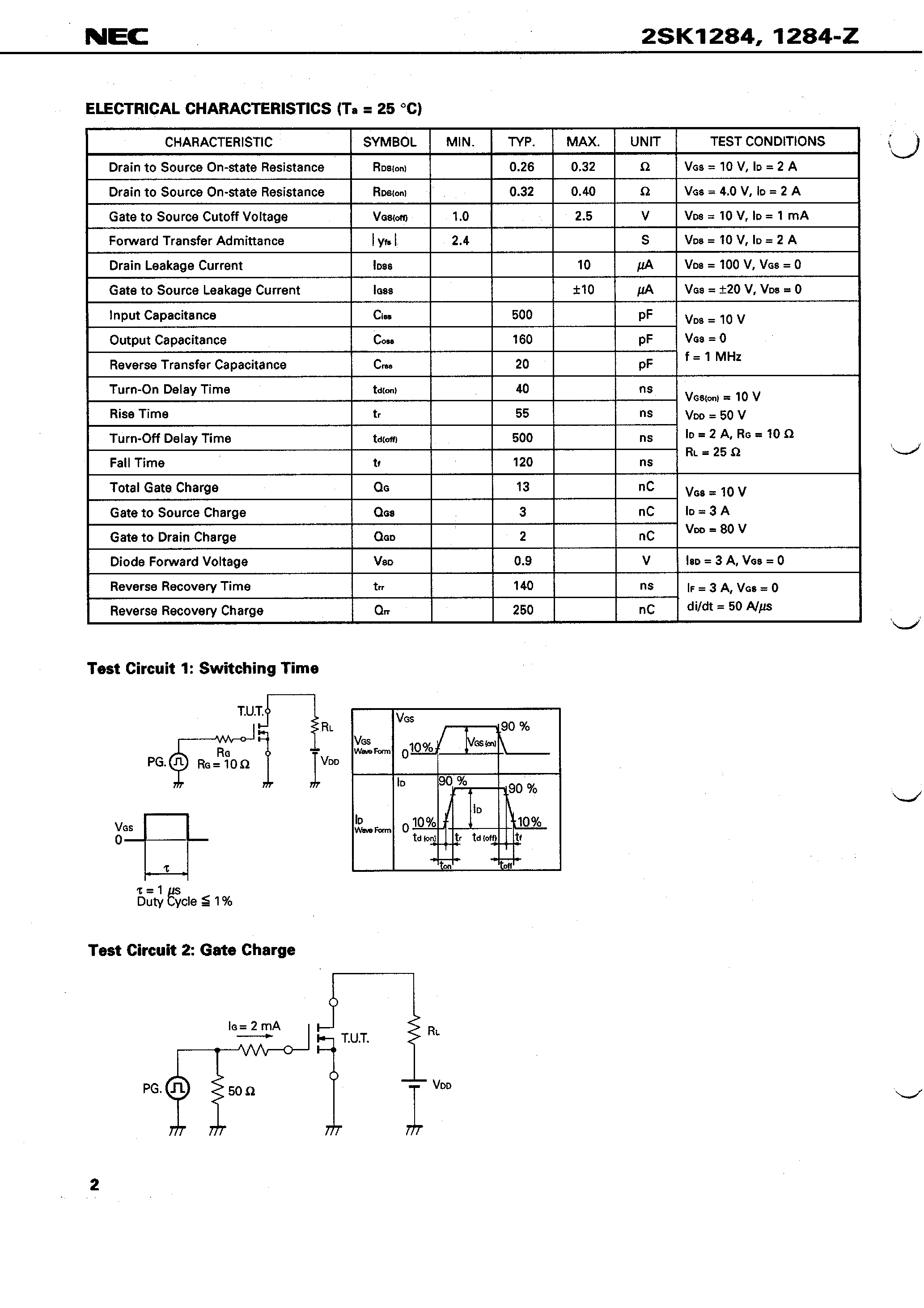 Даташит 2SK1284-Z - SWITCHING N-CHANNEL POWER MOS FET INDUSTRIAL USE страница 2