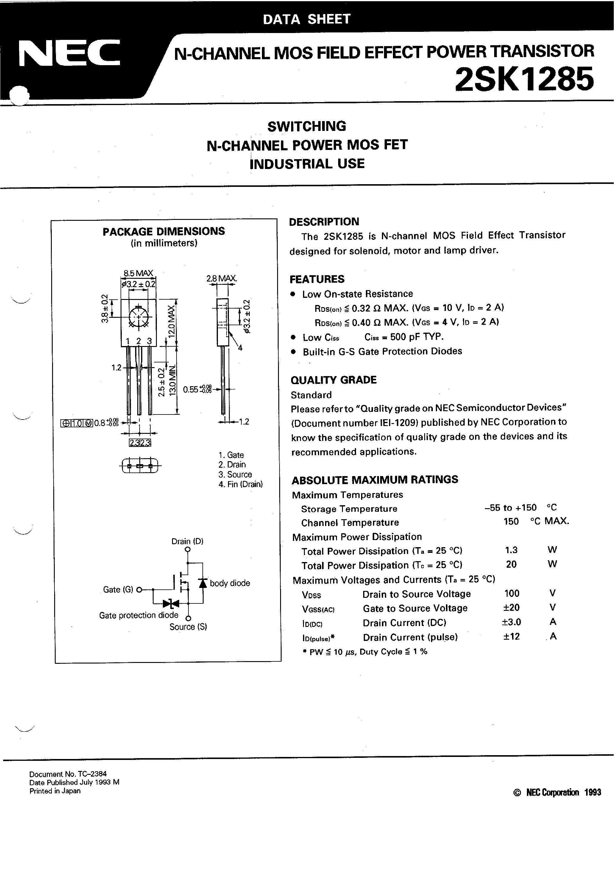 Даташит 2SK1285 - SWITCHING N-CHANNEL POWER MOS FET INDUSTRIAL USE страница 1