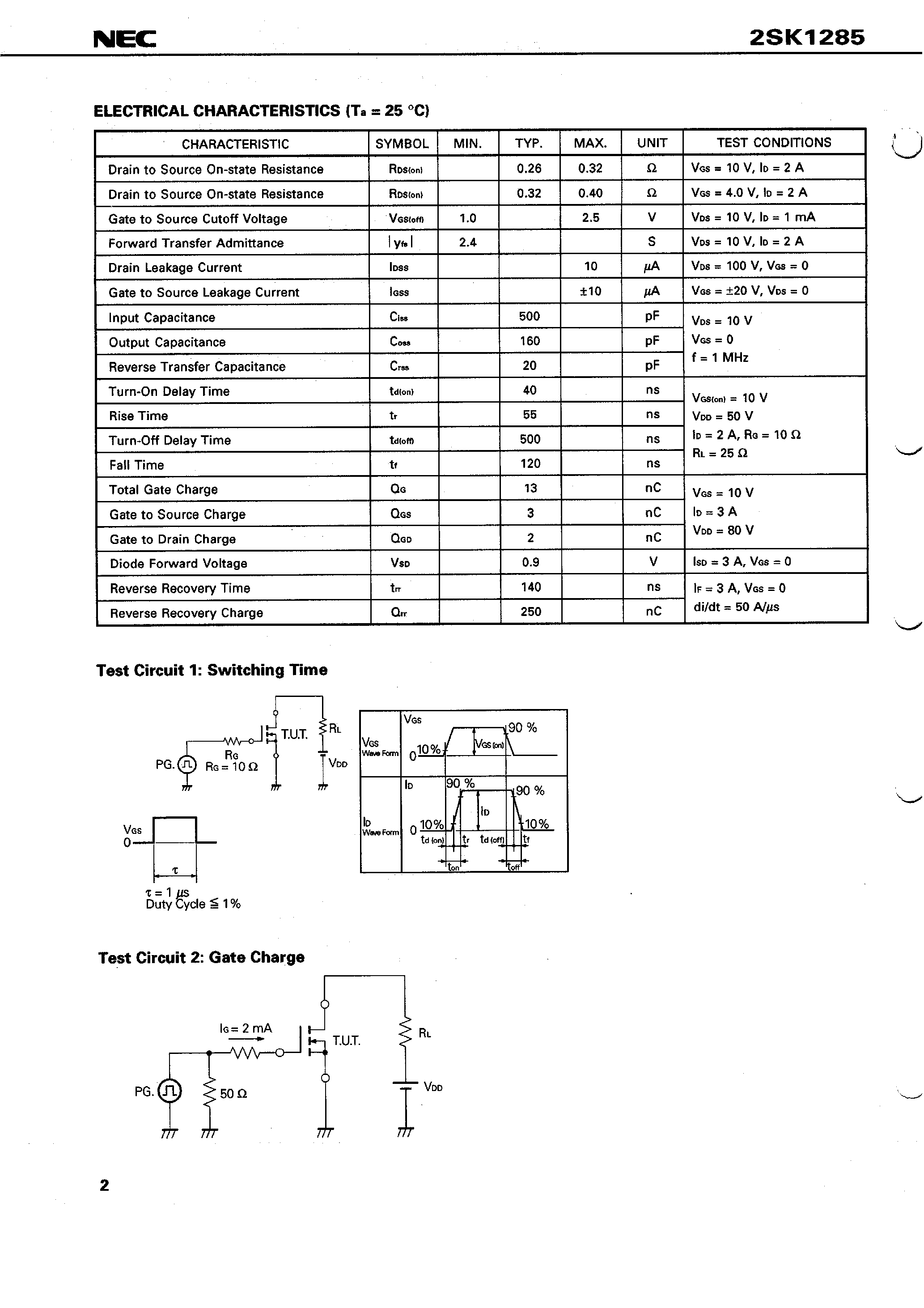 Даташит 2SK1285 - SWITCHING N-CHANNEL POWER MOS FET INDUSTRIAL USE страница 2