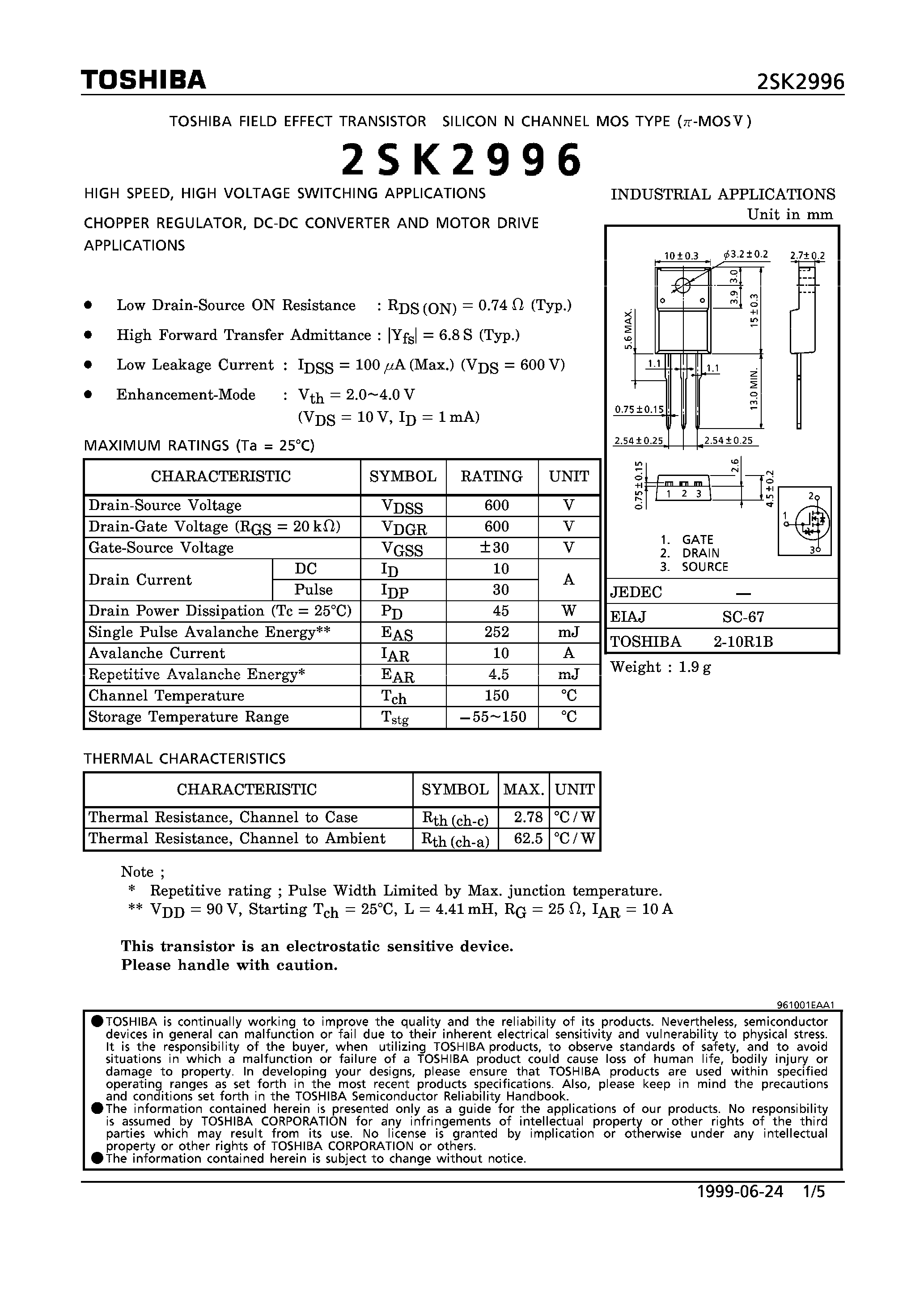Даташит 2SK12996 - N CHANNEL MOS TYPE (HIGH SPEED/ HIGH VOLTAGE SWITCHING/ CHOPPER REGULATOR/ DC-DC CONVERTER AND MOTOR DRIVE APPLICATIONS) страница 1