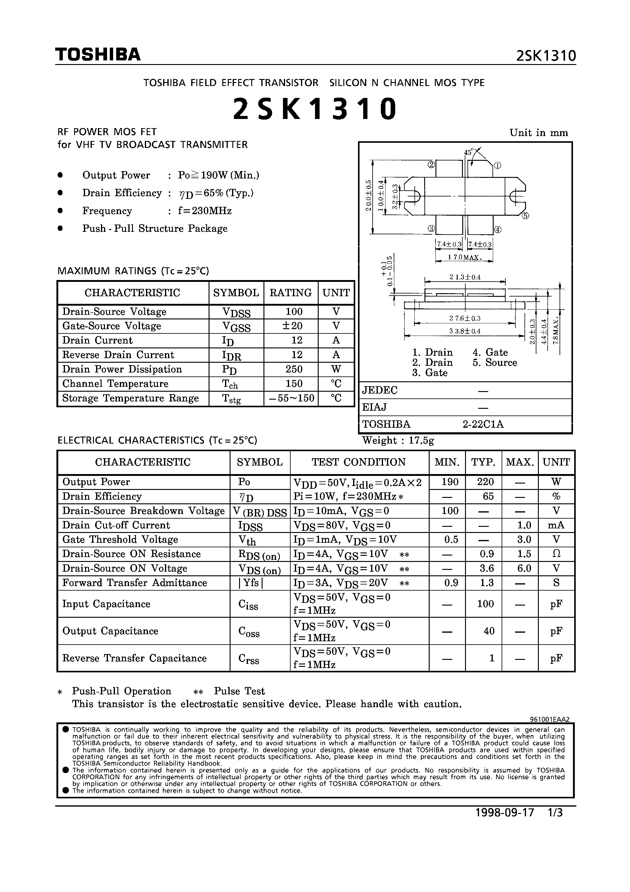 Даташит 2SK1310 - N CHANNEL MOS TYPE (RF POWER MOS FET for VHF TV BROADCAST TRANSMITTER) страница 1
