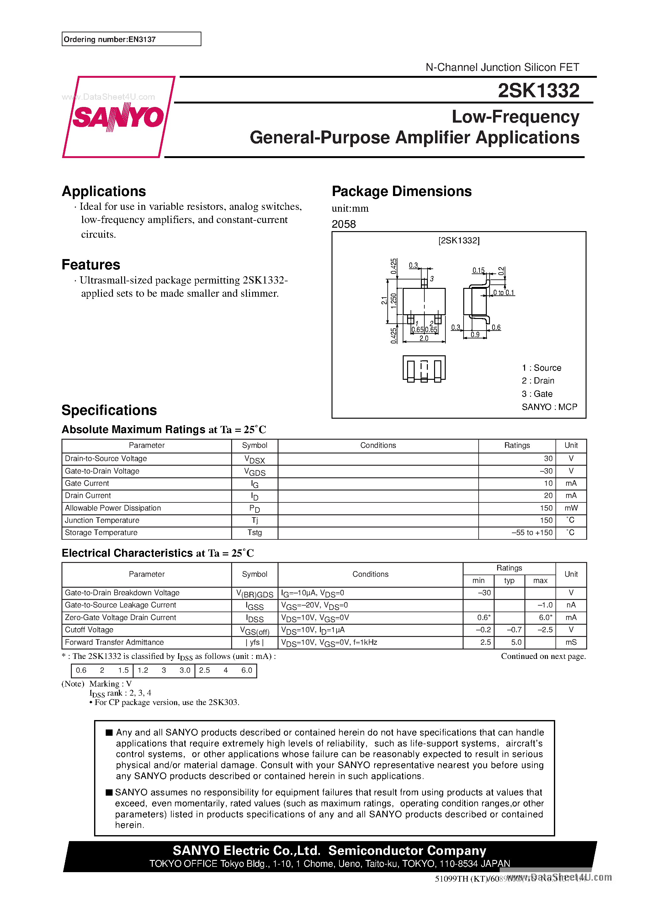 Даташит на микросхему 2SK1332 страница 1 Даташит 2SK1332 - Low-Frequency General-Purpose Amp Applications страница 1