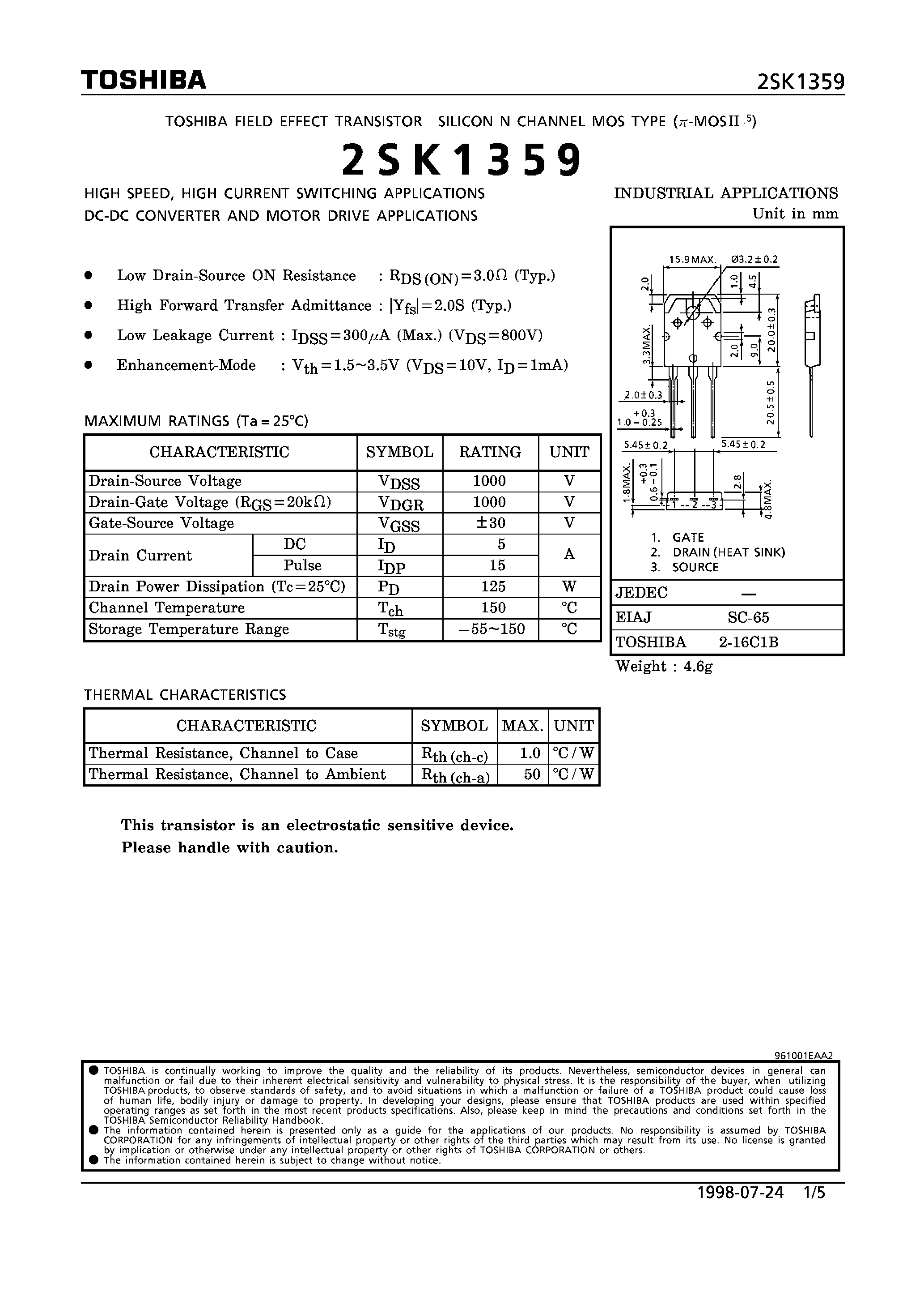 Даташит 2SK1359 - N CHANNEL MOS TYPE (HIGH SPEED/ HIGH CURRENT SWITCHING/ DC-DC CONVERTER AND MOTOR DRIVE APPLICATIONS) страница 1