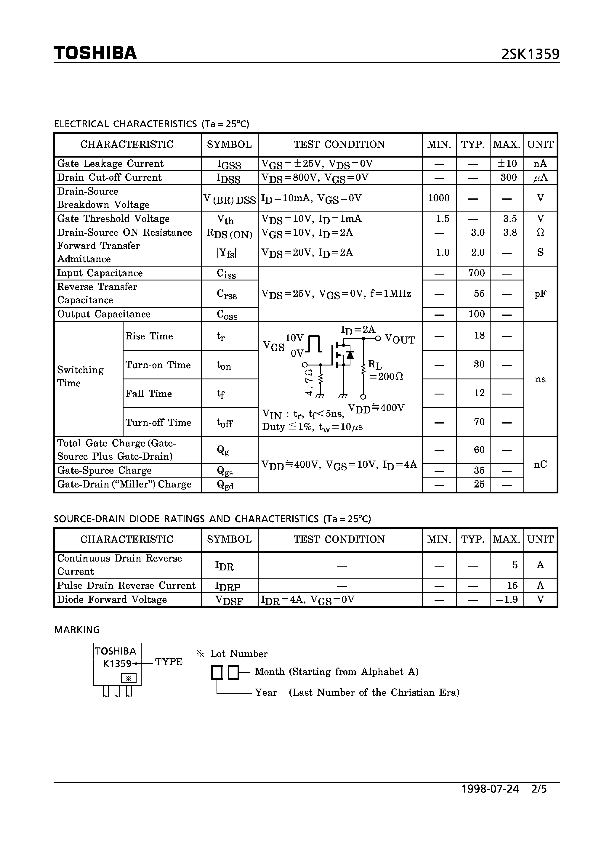 Даташит 2SK1359 - N CHANNEL MOS TYPE (HIGH SPEED/ HIGH CURRENT SWITCHING/ DC-DC CONVERTER AND MOTOR DRIVE APPLICATIONS) страница 2