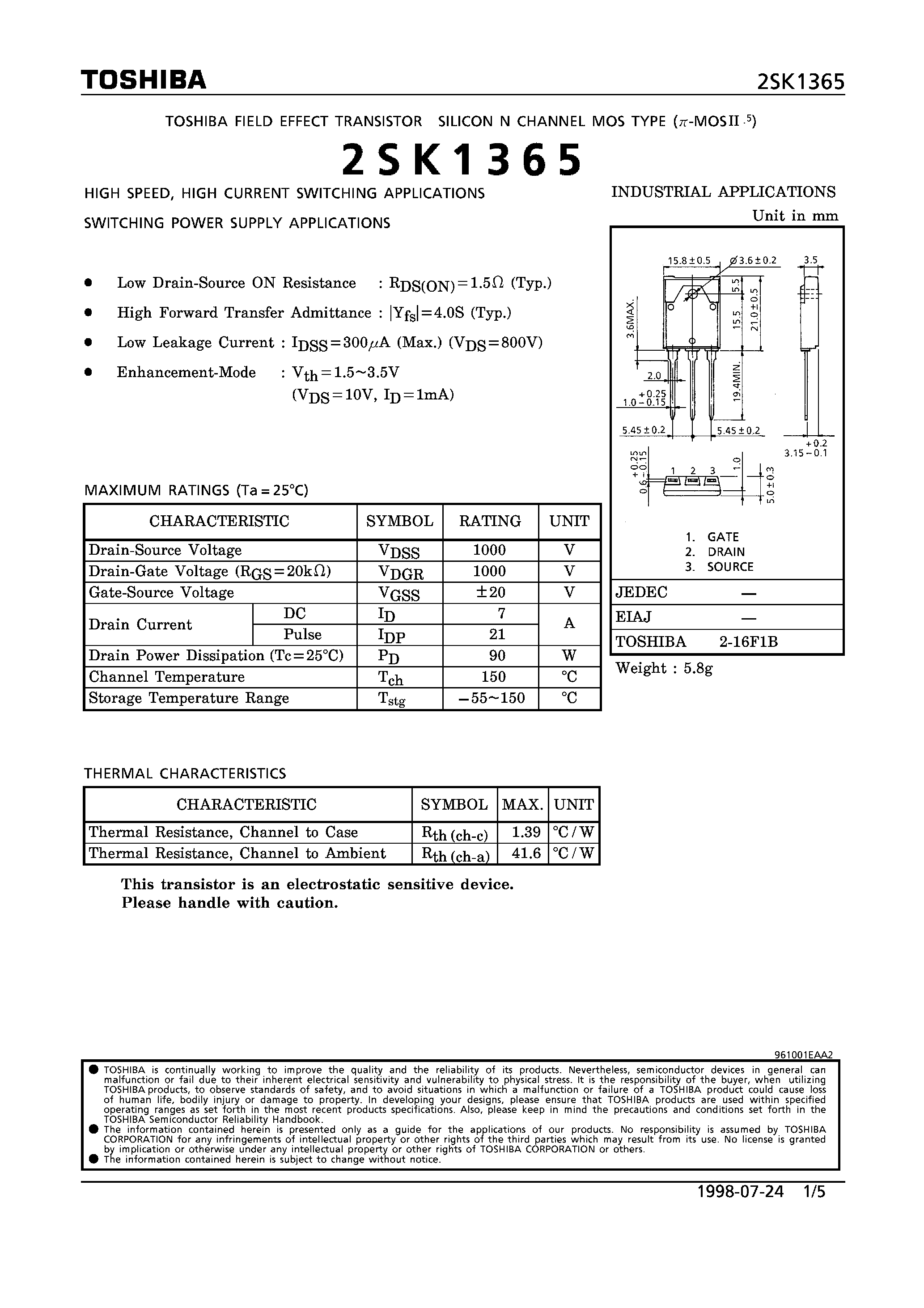 Даташит 2SK1365 - FET/ Silicon N Channel MOS Type(for High Speed/ High Current Switching/ Switching Power Supply) страница 1