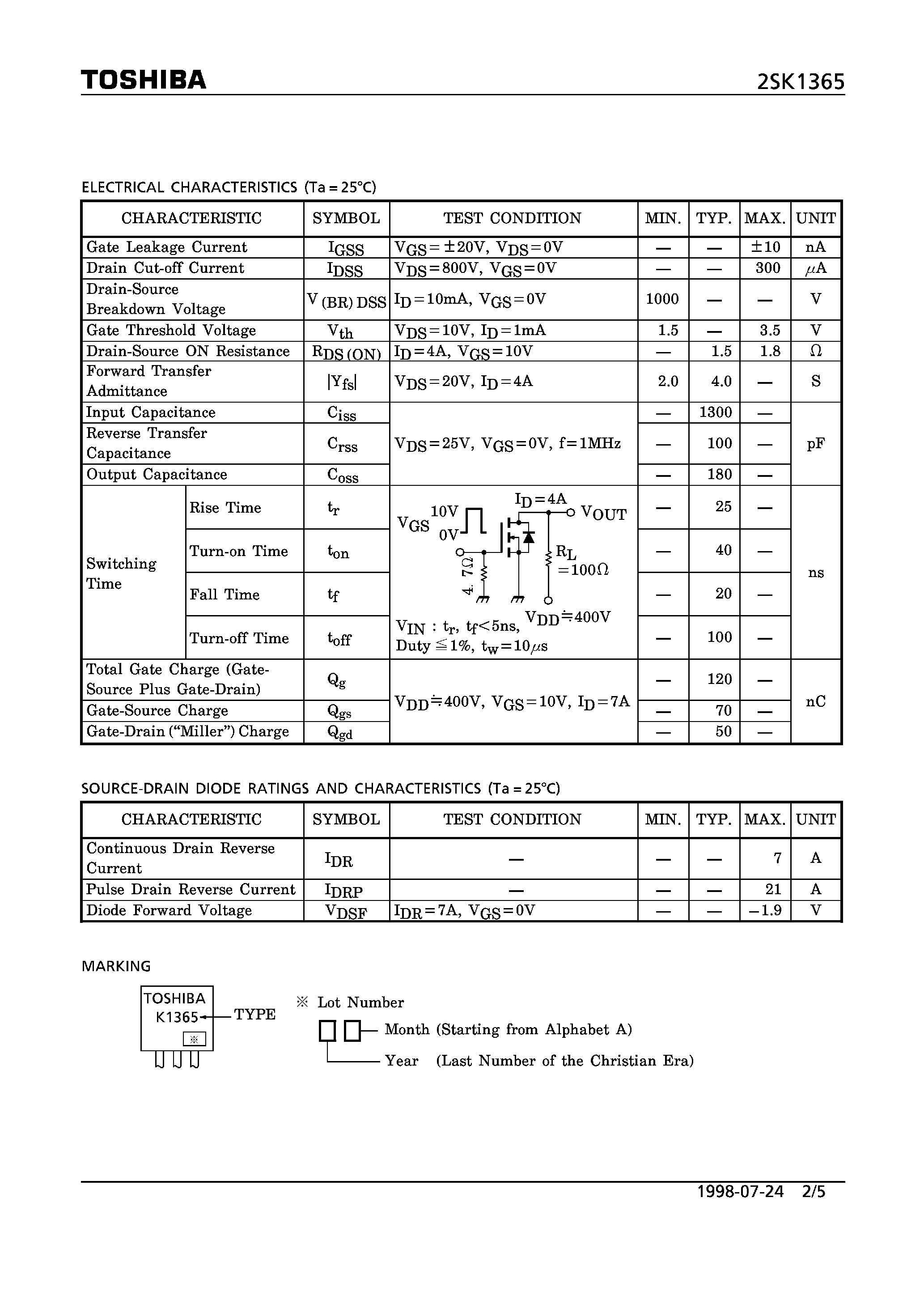Даташит 2SK1365 - FET/ Silicon N Channel MOS Type(for High Speed/ High Current Switching/ Switching Power Supply) страница 2