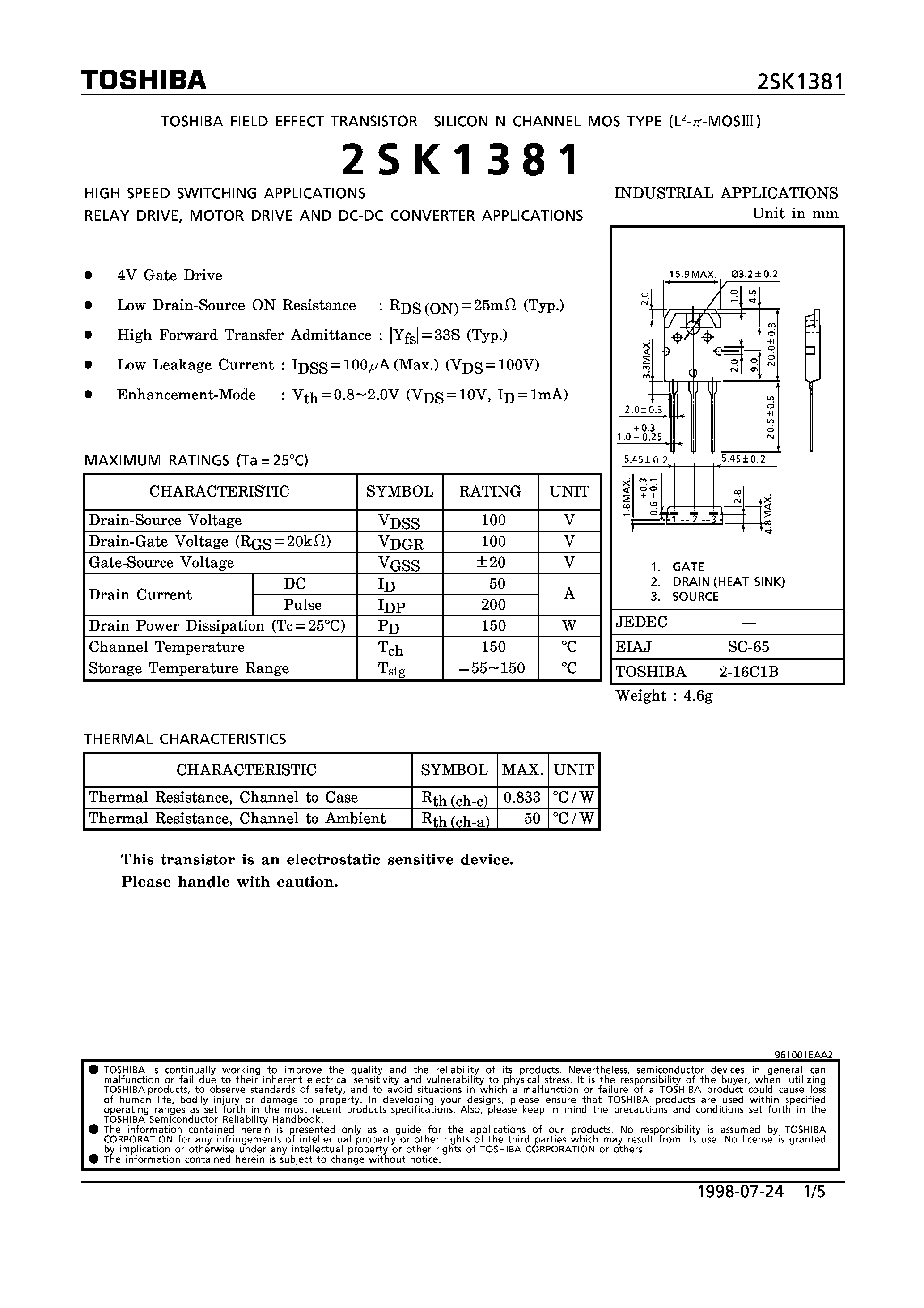 Даташит 2SK1381 - N CHANNEL MOS TYPE (HIGH SPEED SWITCHNG/ RELAY DRIVE/ MOTOR DRIVE AND DC-DC CONVERTER APPLICATIONS) страница 1