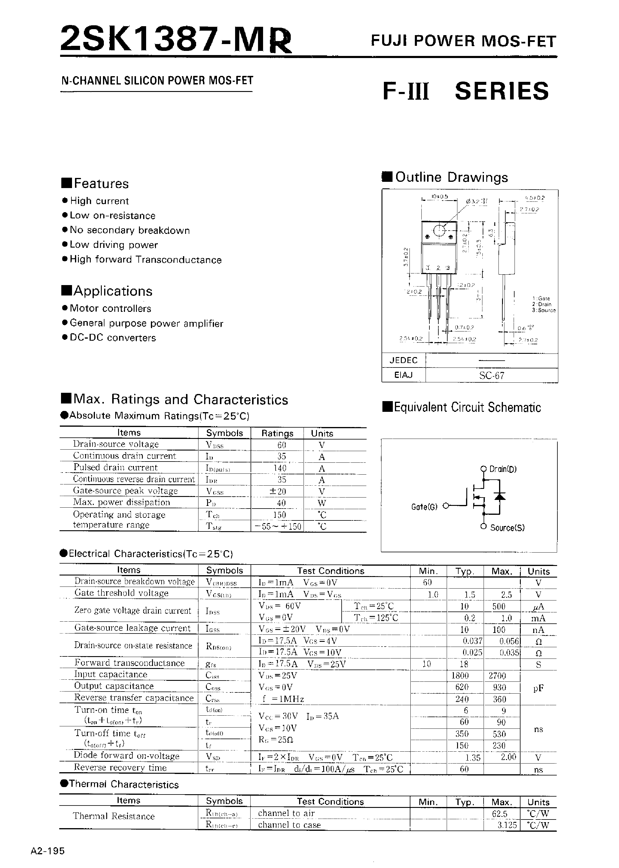 Даташит 2SK1387-MR - N-CHANNEL SILICON POWER MOSFET страница 1