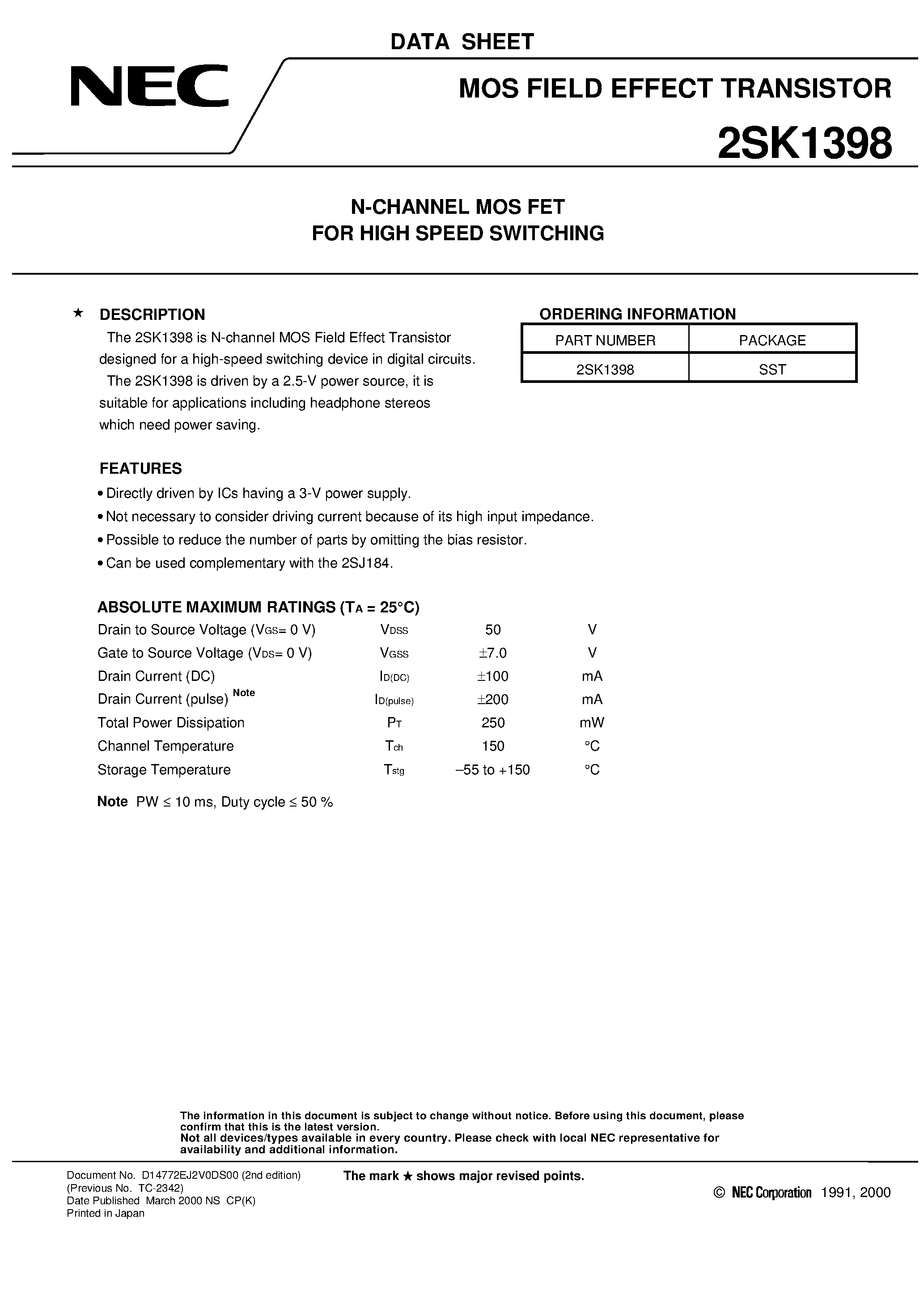 Даташит 2SK1398 - N-CHANNEL MOS FET FOR HIGH SPEED SWITCHING страница 1