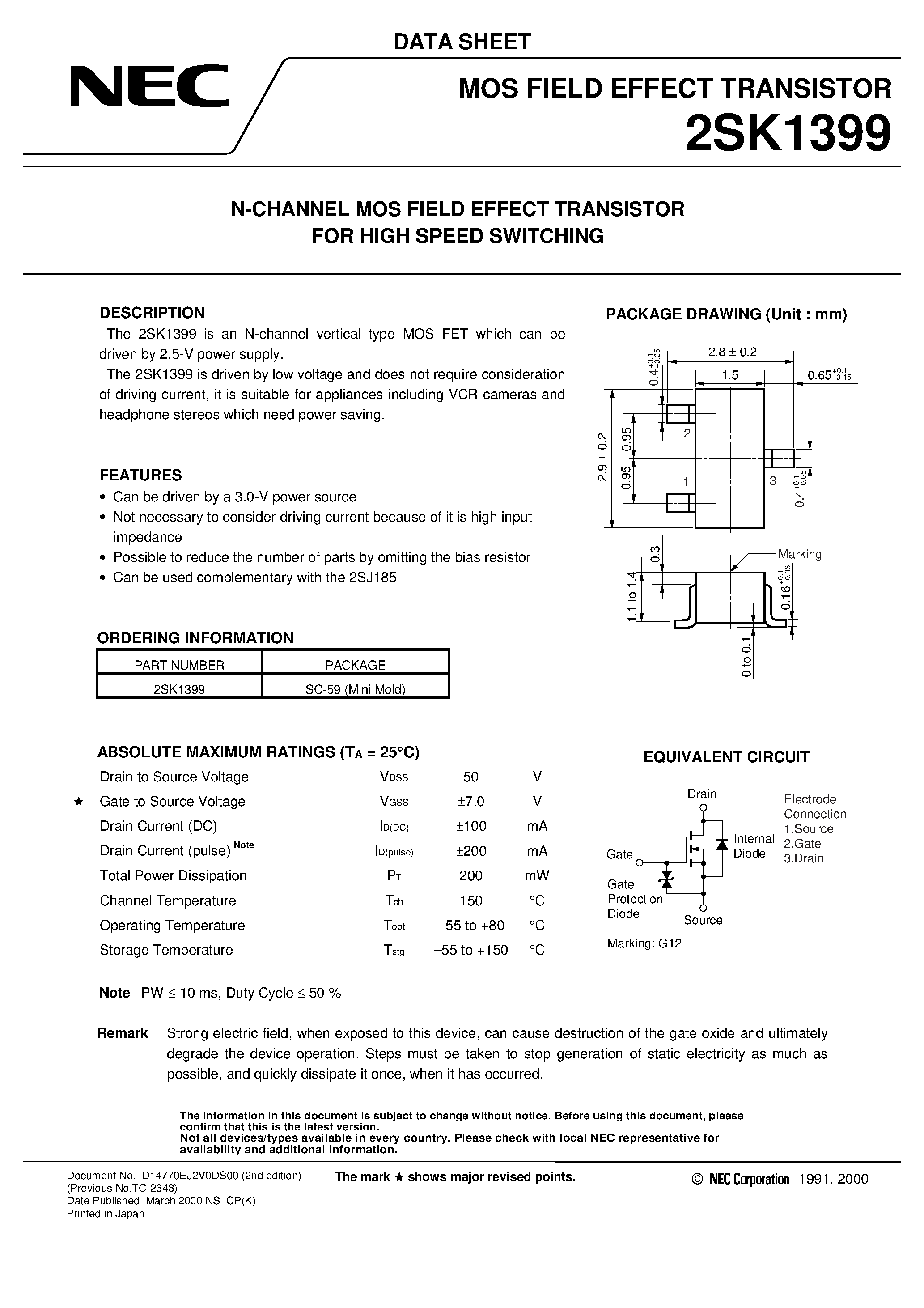 Даташит 2SK1399 - N-CHANNEL MOS FIELD EFFECT TRANSISTOR FOR HIGH SPEED SWITCHING страница 1