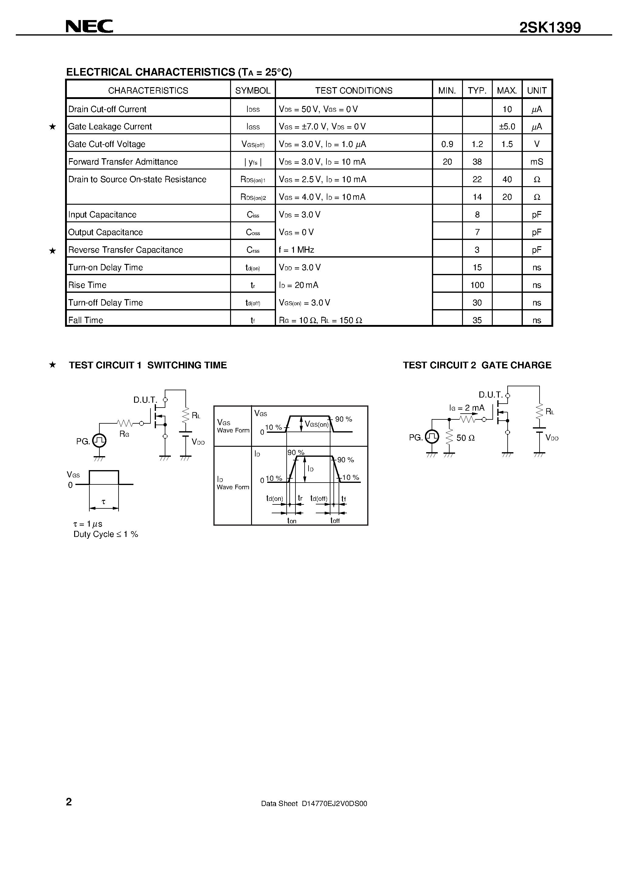 Даташит 2SK1399 - N-CHANNEL MOS FIELD EFFECT TRANSISTOR FOR HIGH SPEED SWITCHING страница 2