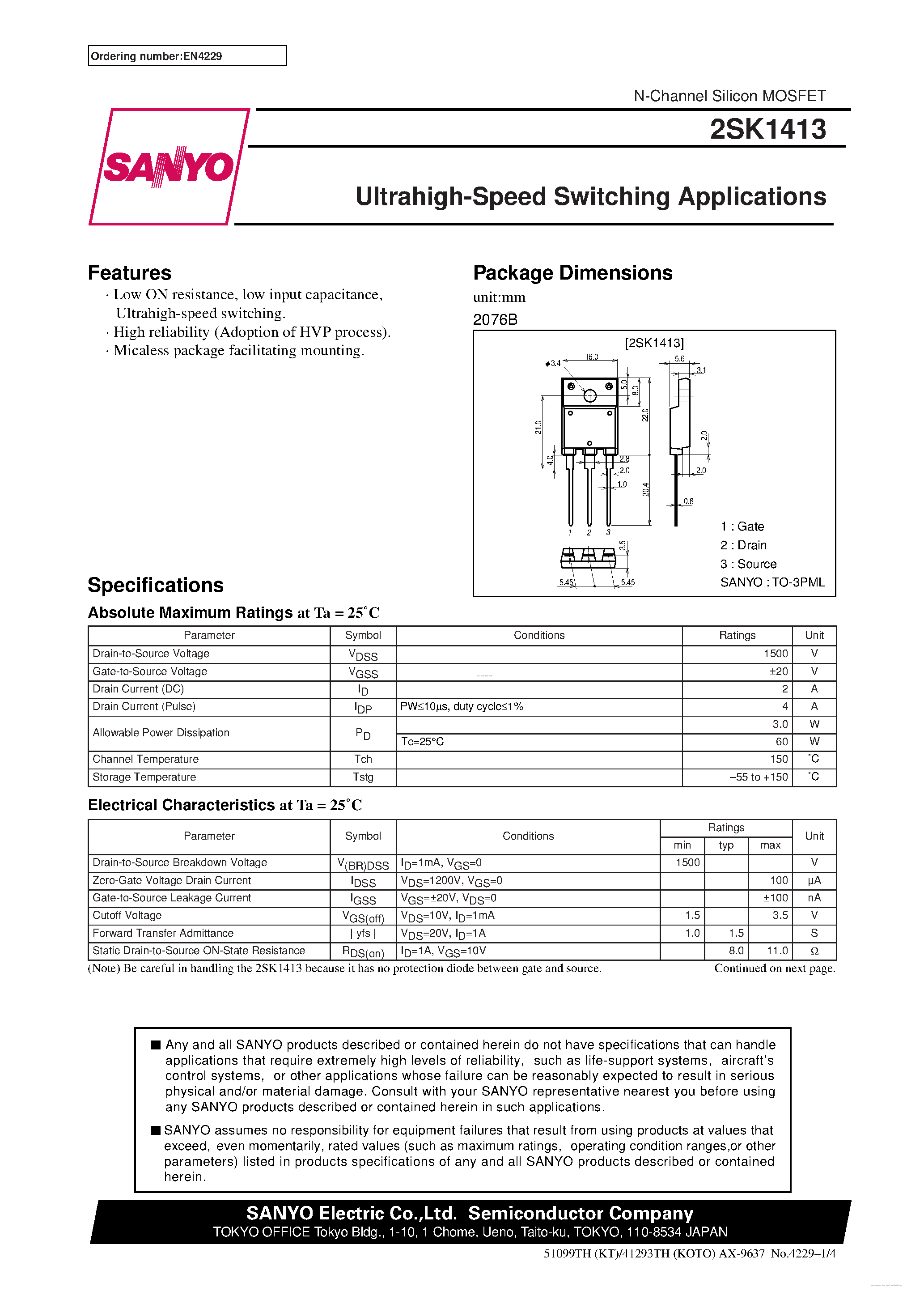 Даташит 2SK1413 - High-Voltage High-Speed Switching Applications страница 1