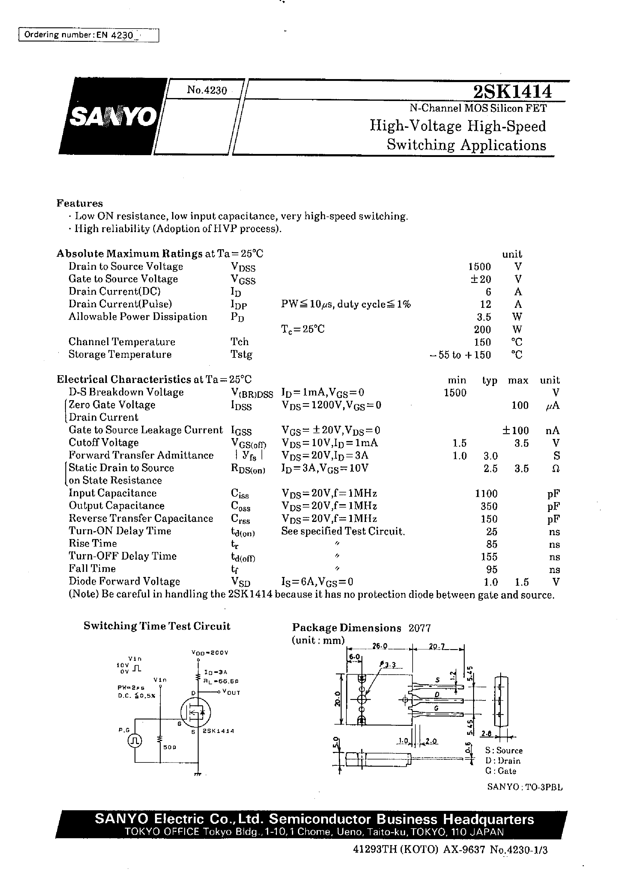 Даташит 2SK1414 - High-Voltage High-Speed Switching Applications страница 1