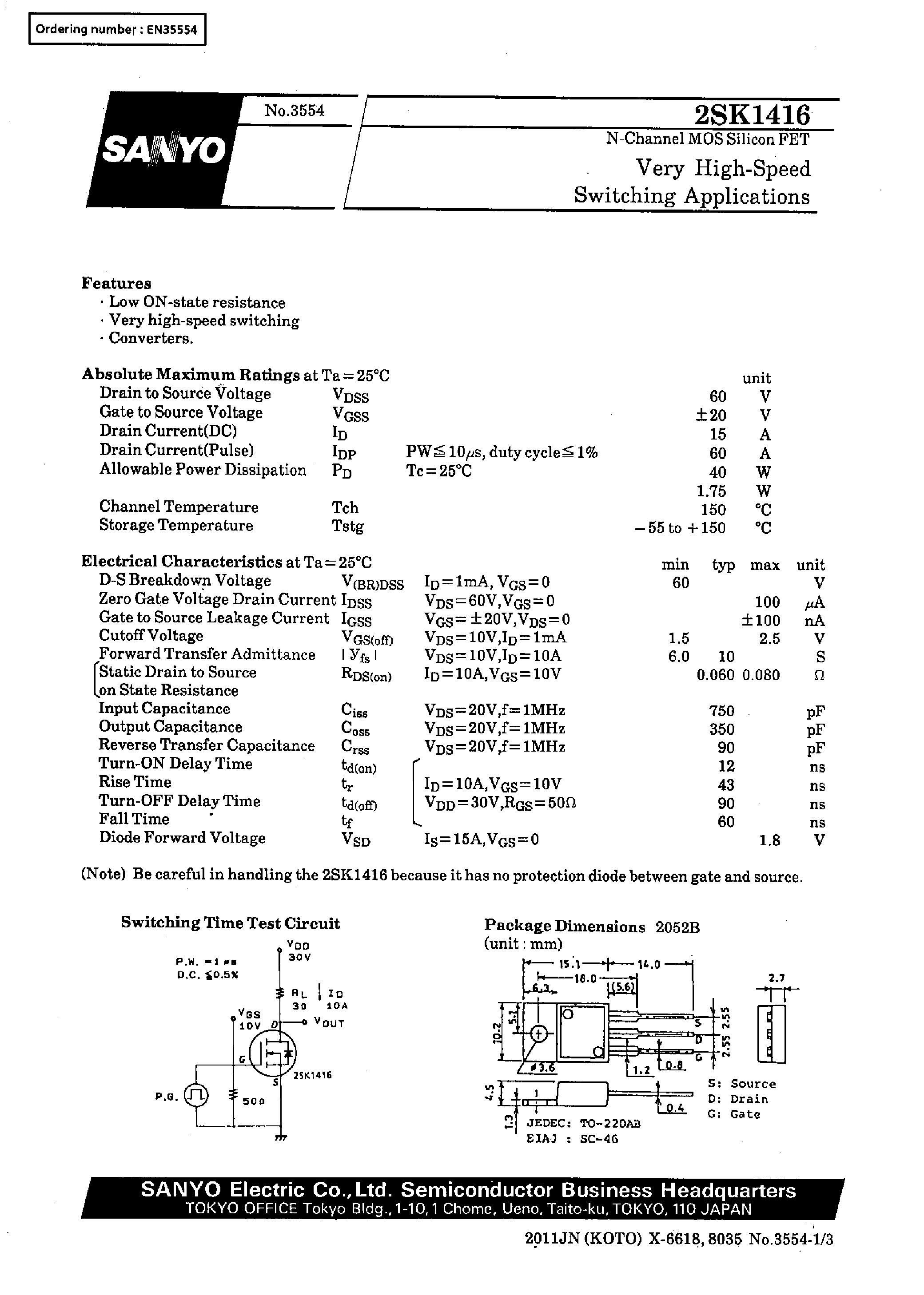 Даташит 2SK1416 - Very High-Speed Switching Applications страница 1