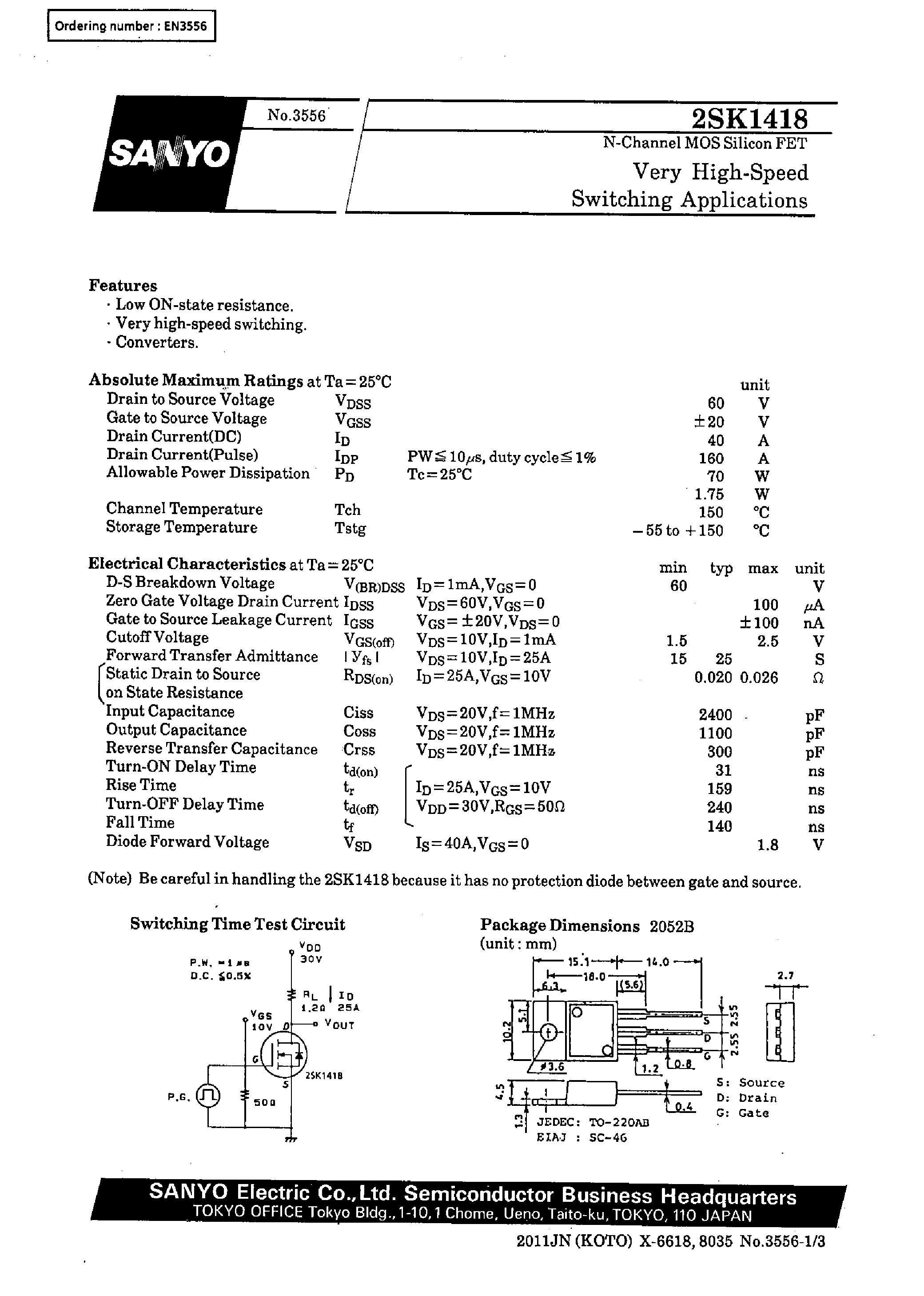 Даташит 2SK1418 - Very High-Speed Switching Applications страница 1