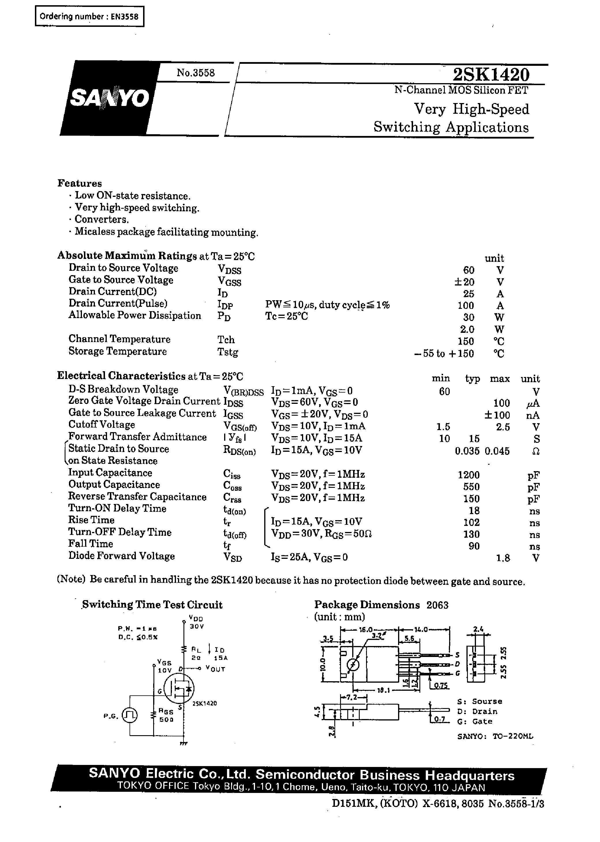 Даташит 2SK1420 - Very High-Speed Switching Applications страница 1