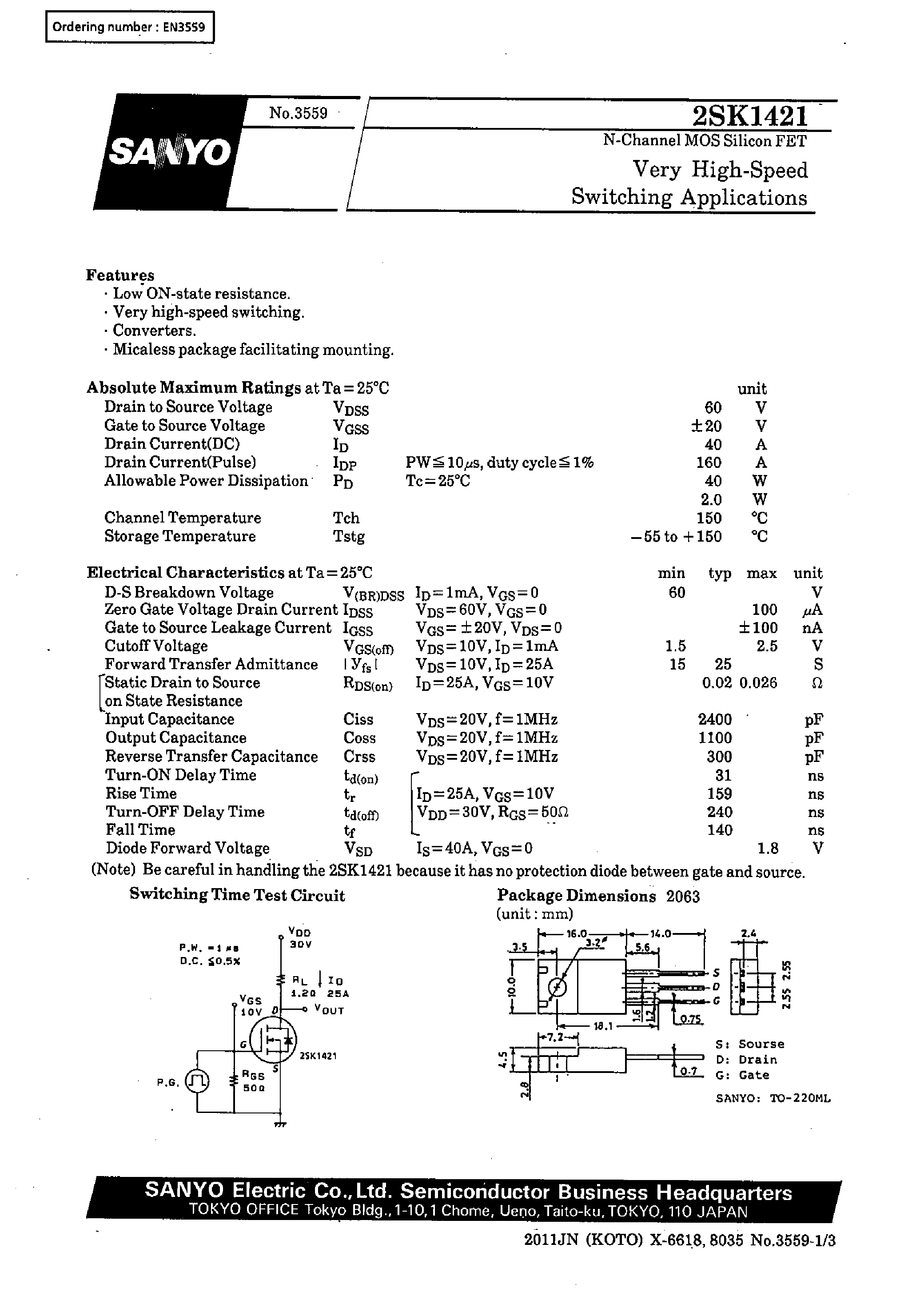 Даташит 2SK1421 - Very High-Speed Switching Applications страница 1