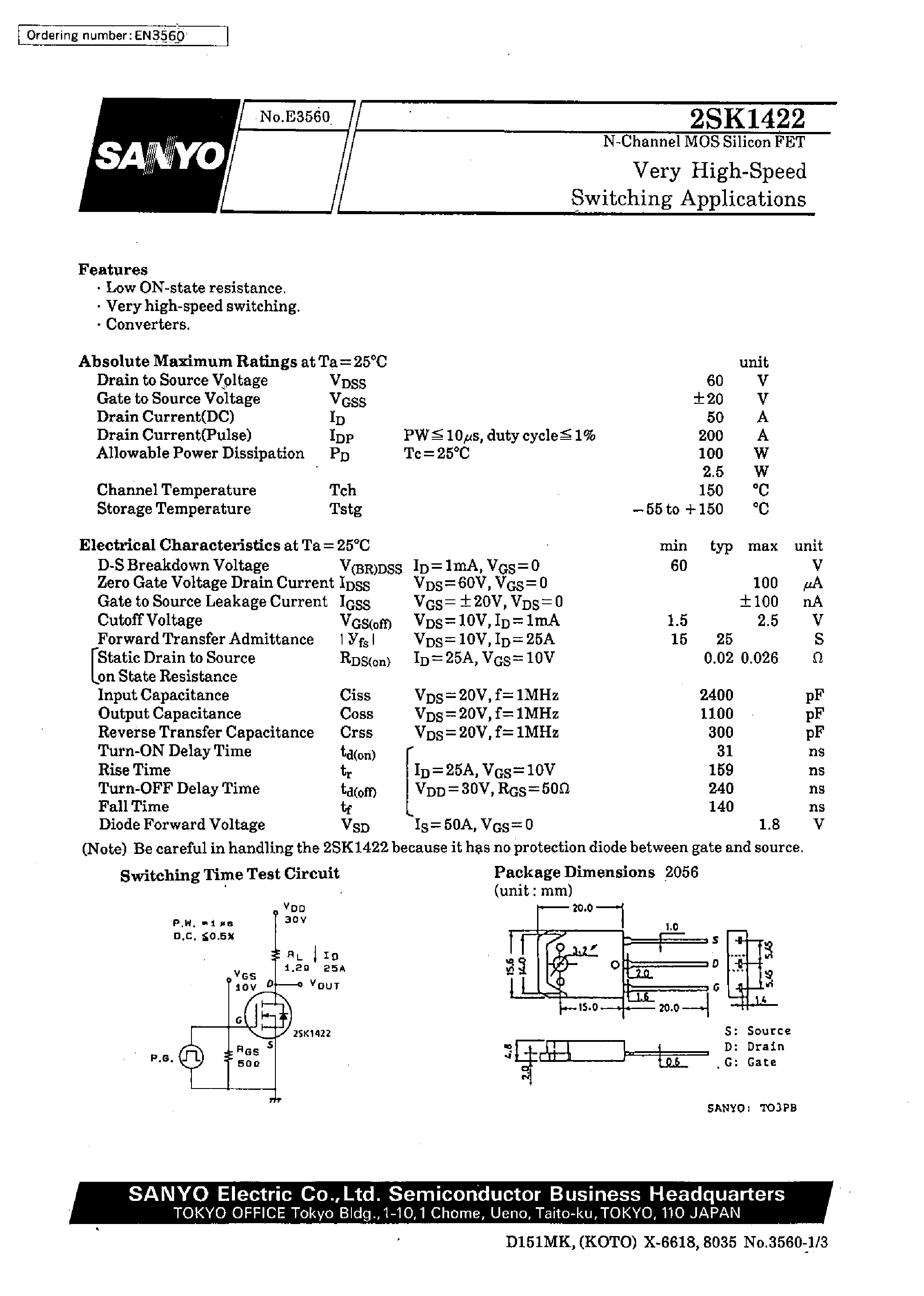 Даташит 2SK1422 - Very High-Speed Switching Applications страница 1