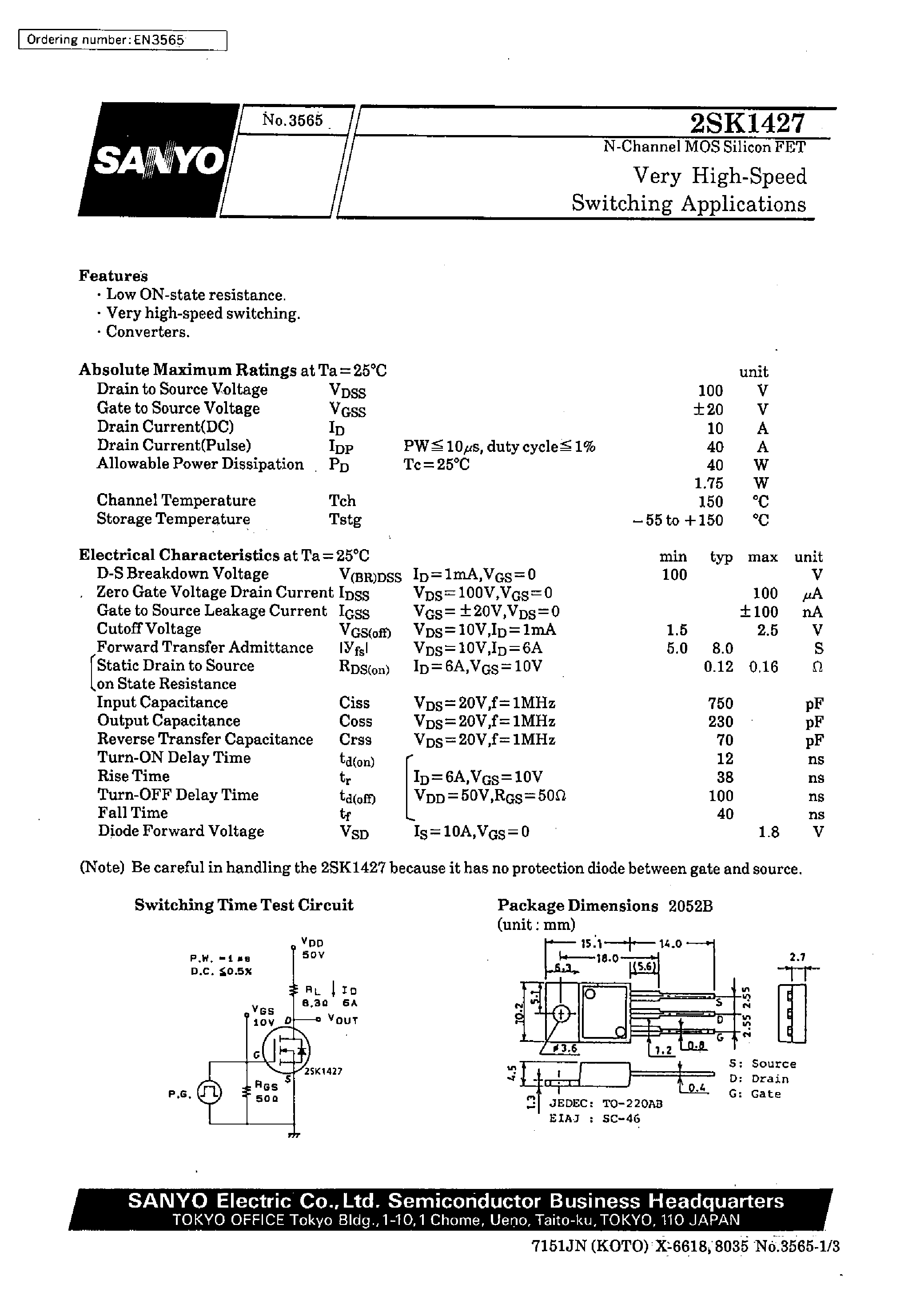 Даташит 2SK1427 - Very High-Speed Switching Applications страница 1