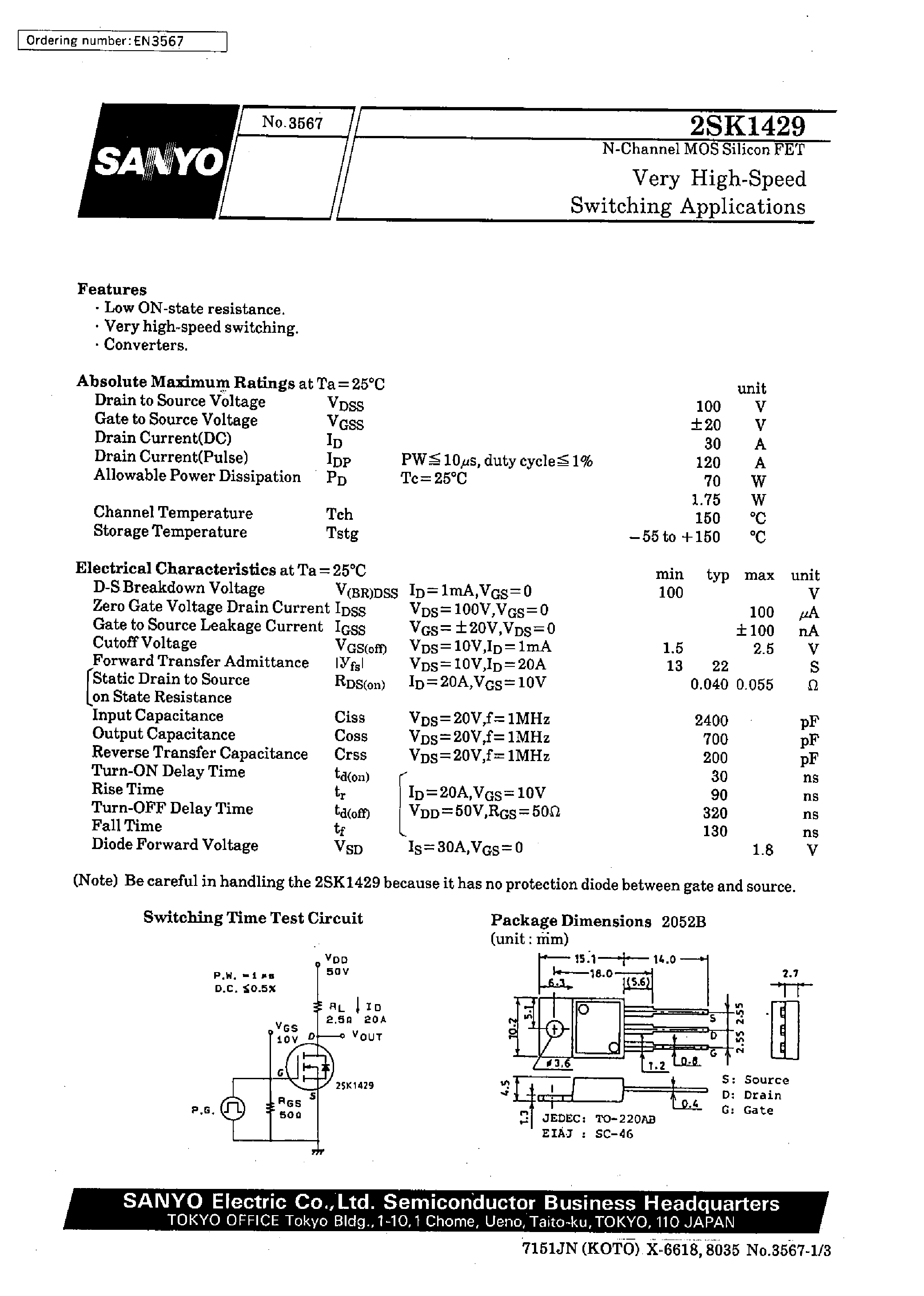 Даташит 2SK1429 - Very High-Speed Switching Applications страница 1