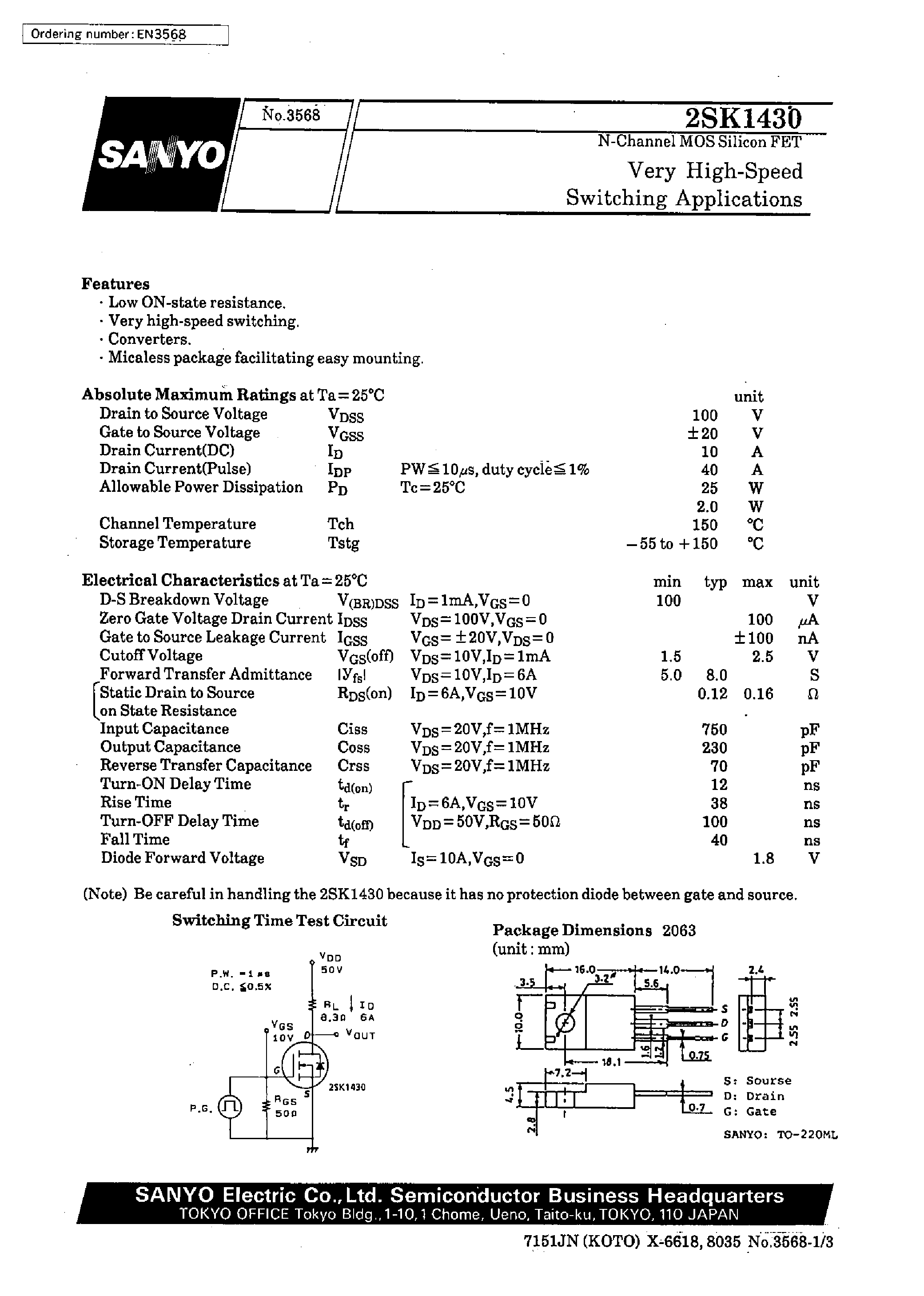 Даташит 2SK1430 - Very High-Speed Switching Applications страница 1