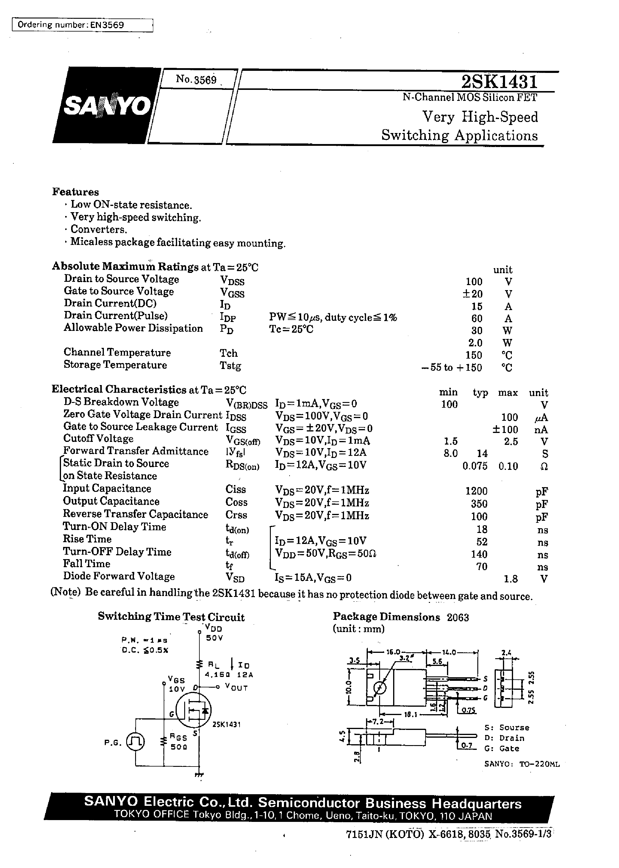 Даташит 2SK1431 - Very High-Speed Switching Applications страница 1