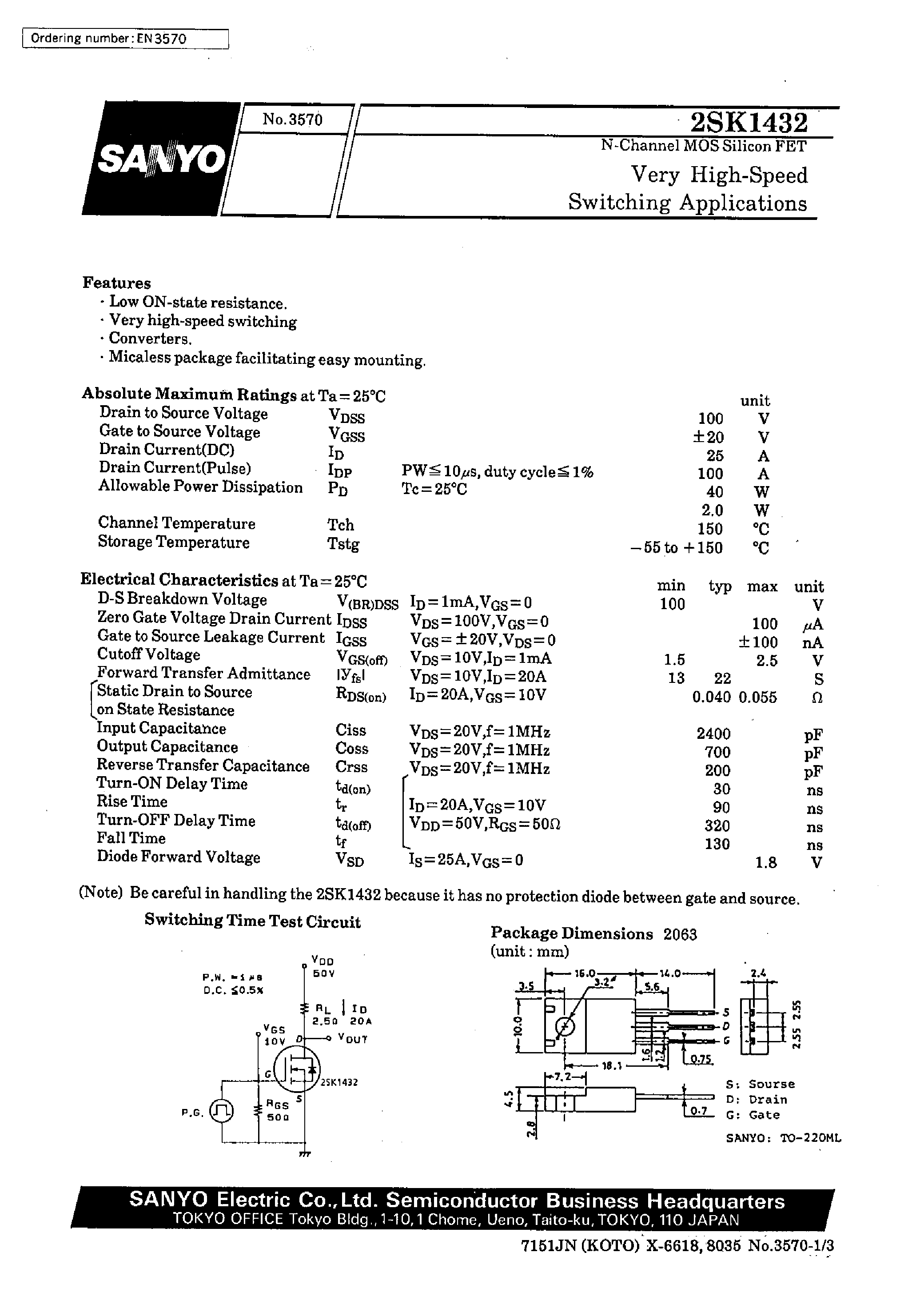Даташит 2SK1432 - Very High-Speed Switching Applications страница 1