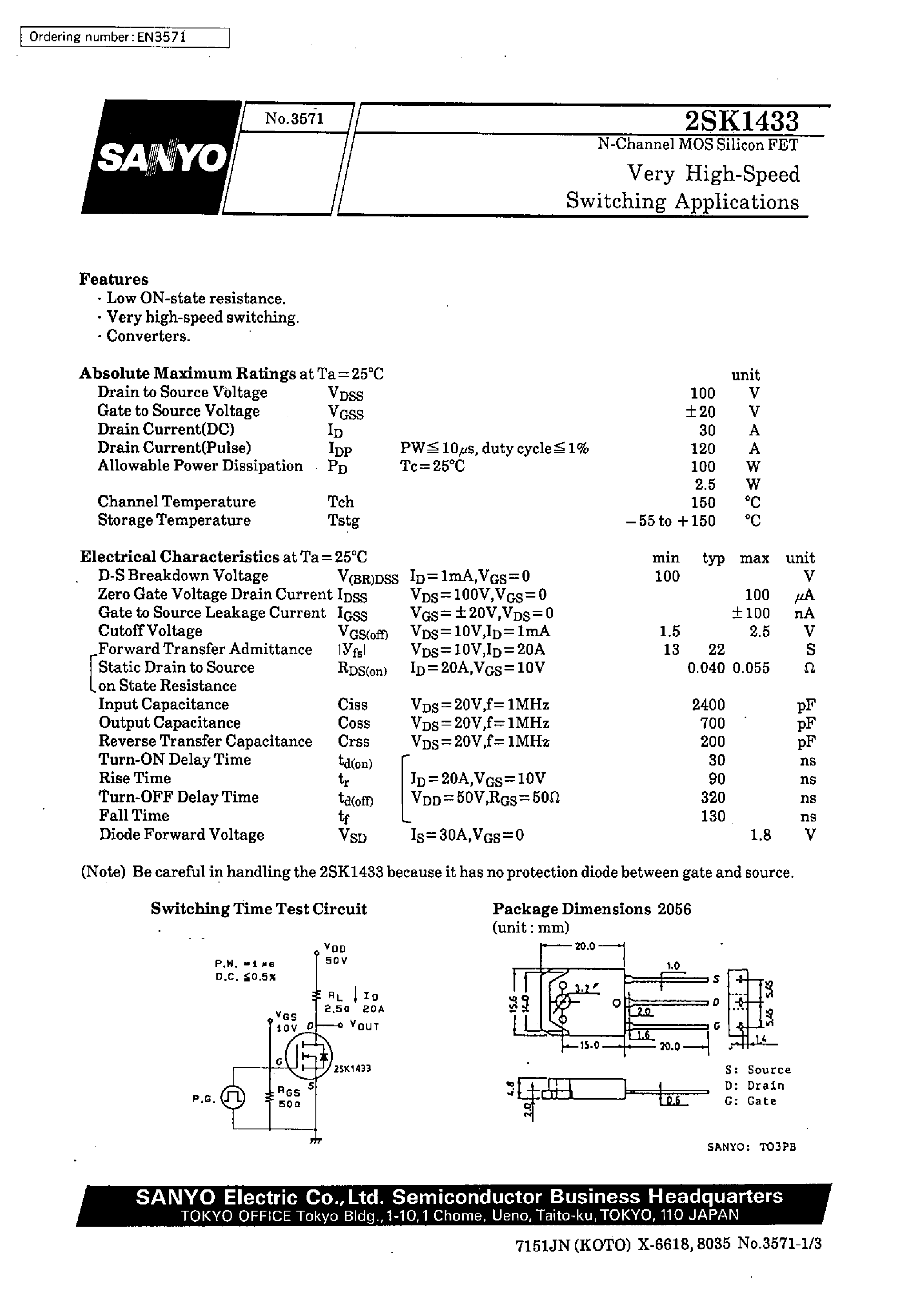 Даташит 2SK1433 - Very High-Speed Switching Applications страница 1