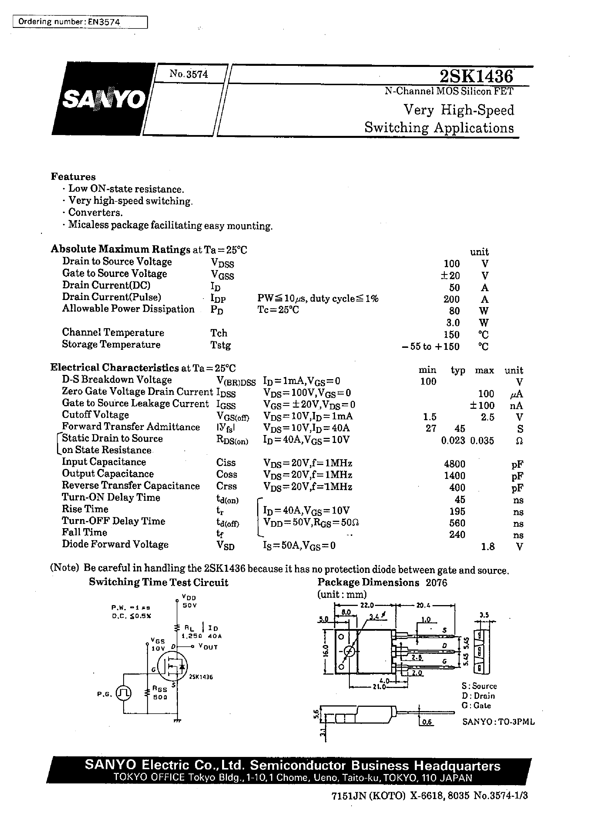 Даташит 2SK1436 - Very High-Speed Switching Applications страница 1