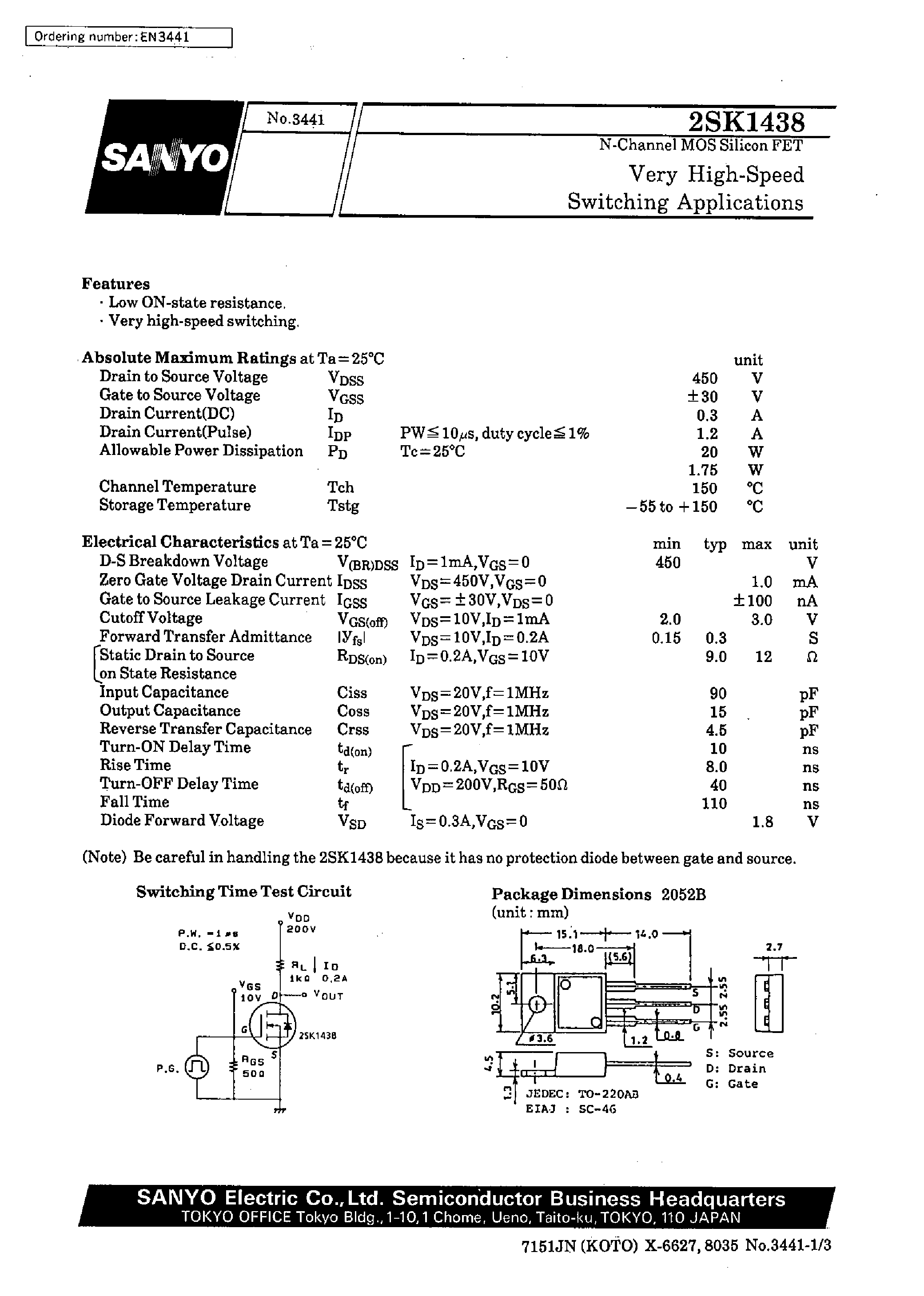 Даташит 2SK1438 - Very High-Speed Switching Applications страница 1