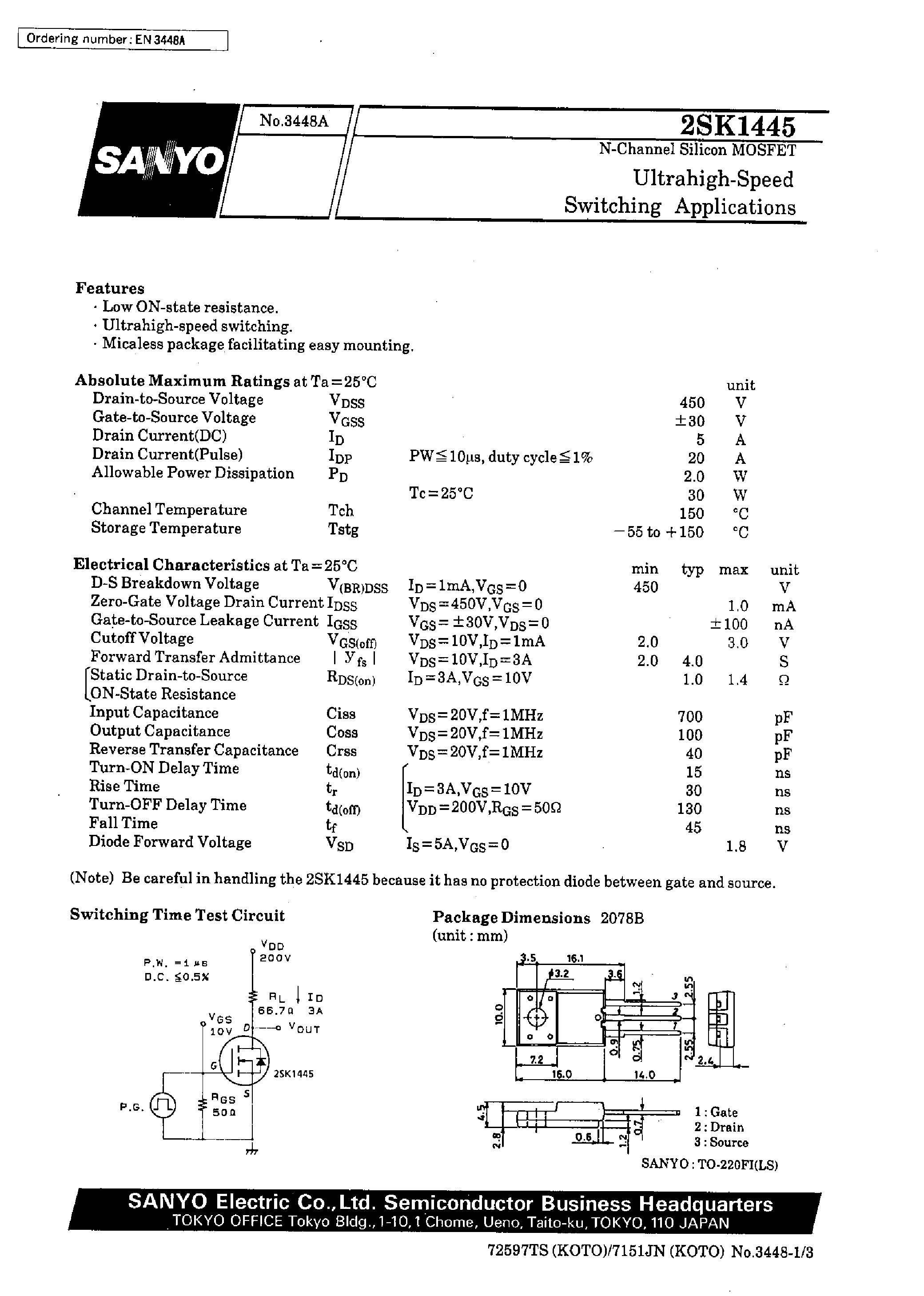 Даташит 2SK1445 - Ultrahigh-Speed Switching Applications страница 1