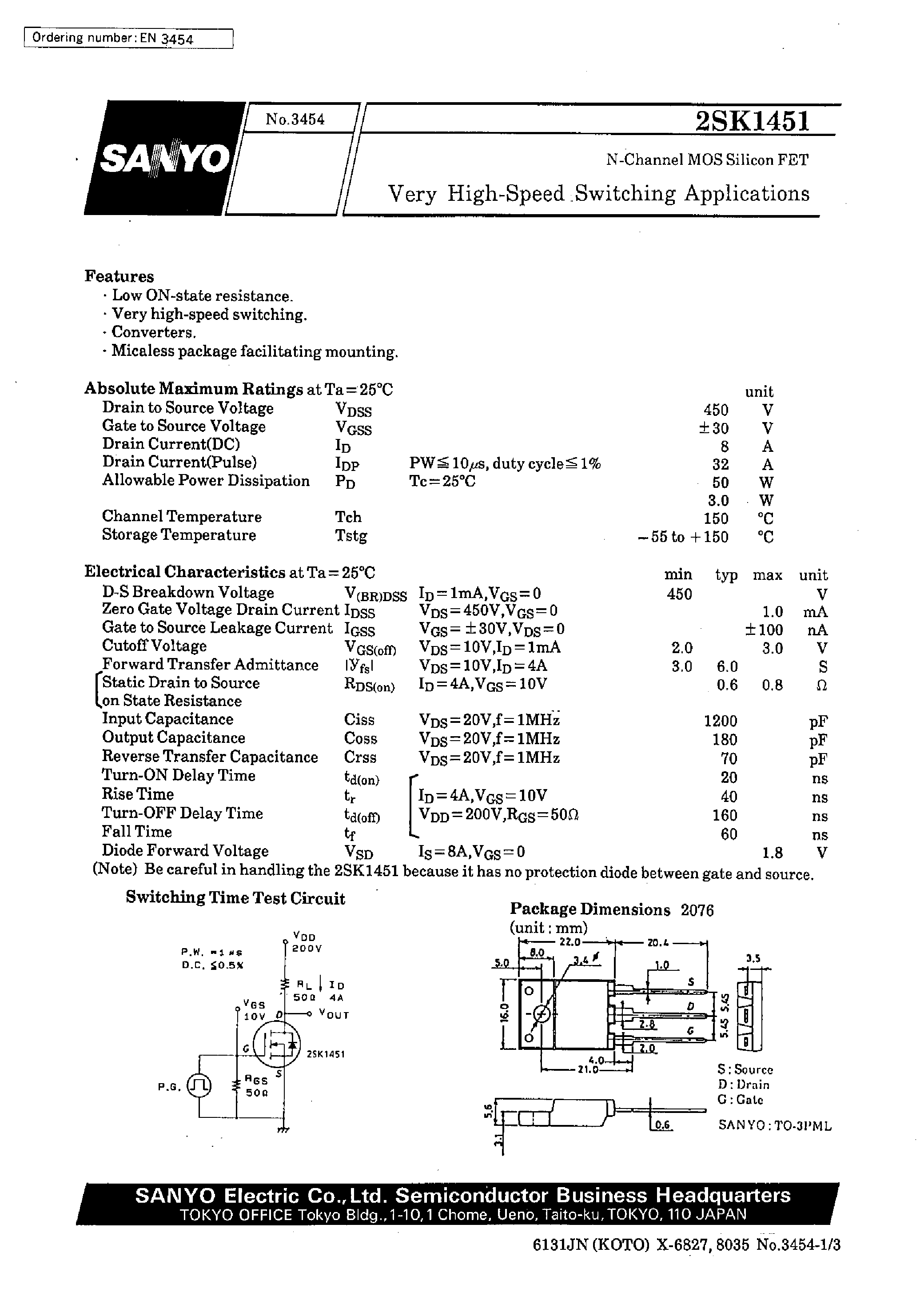 Даташит 2SK1451 - Very High-Speed Switching Applications страница 1
